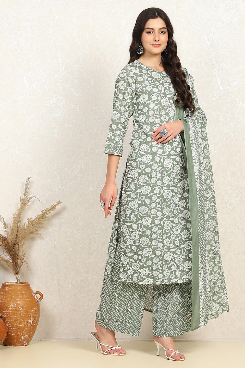 Mustard Cotton Screen Print Unstitched Suit Set image number 6