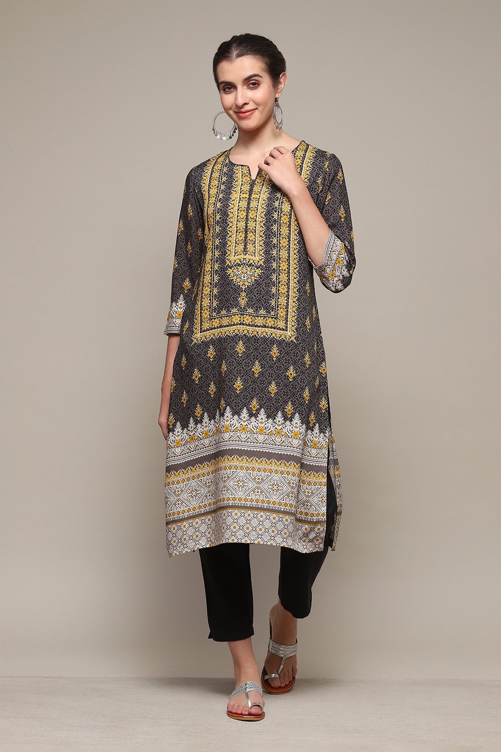 Charcoal LIVA Straight Printed Kurta image number 5