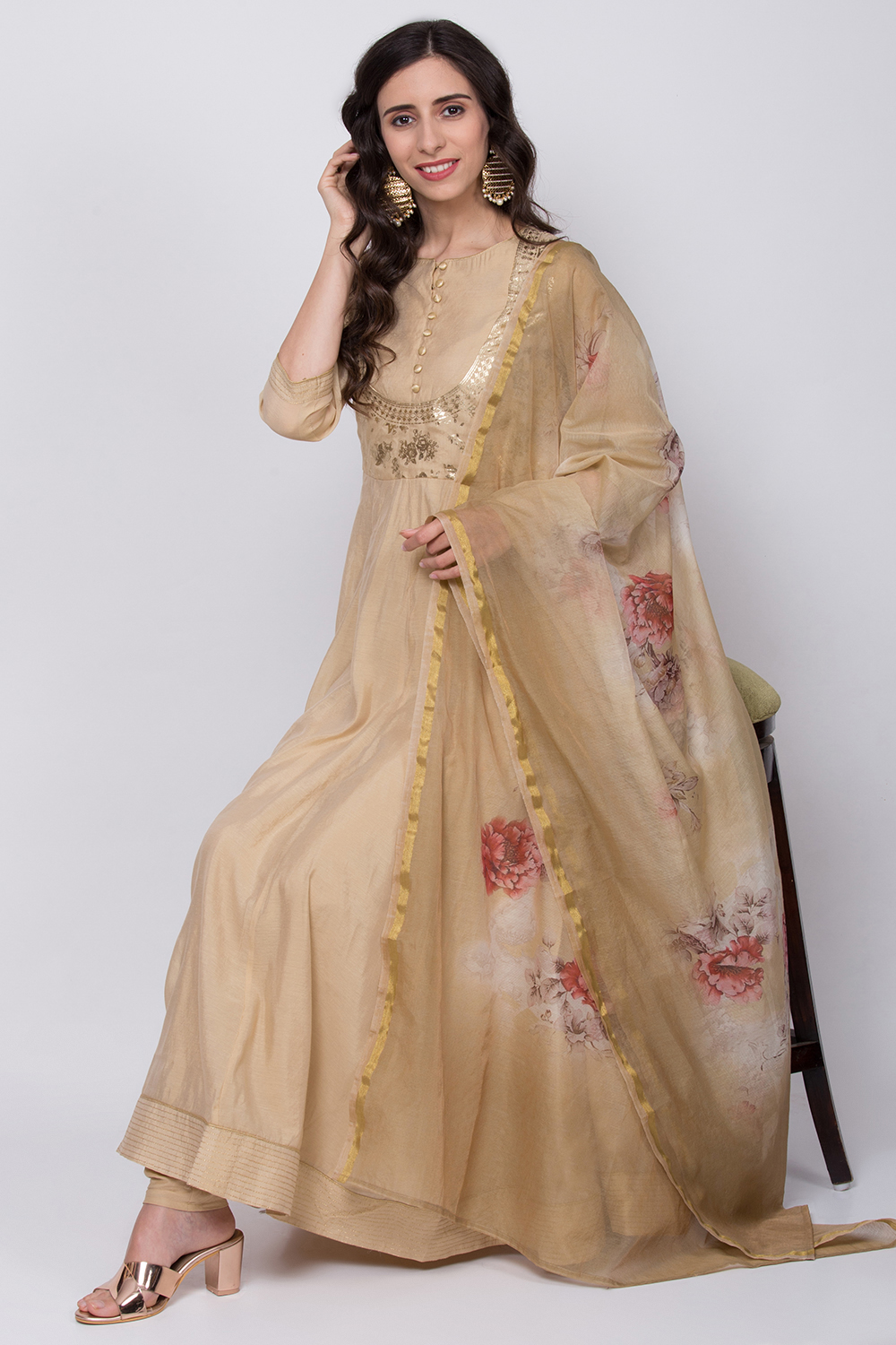 Beige Poly Cotton Anarkali Kurta Churidar Suit Set image number 2