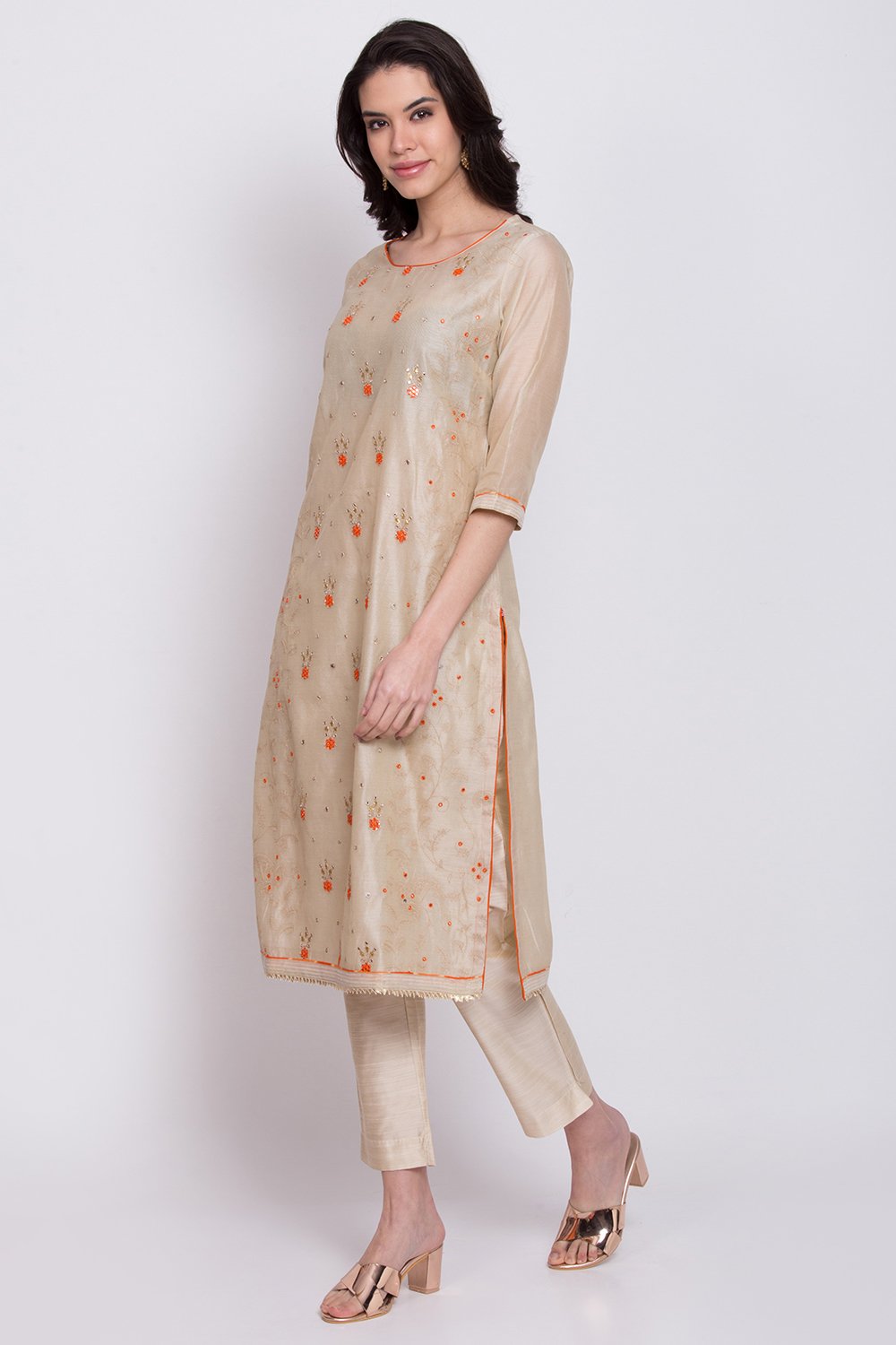 Beige Poly Cotton Straight Kurta Slim Pant Suit Set image number 2