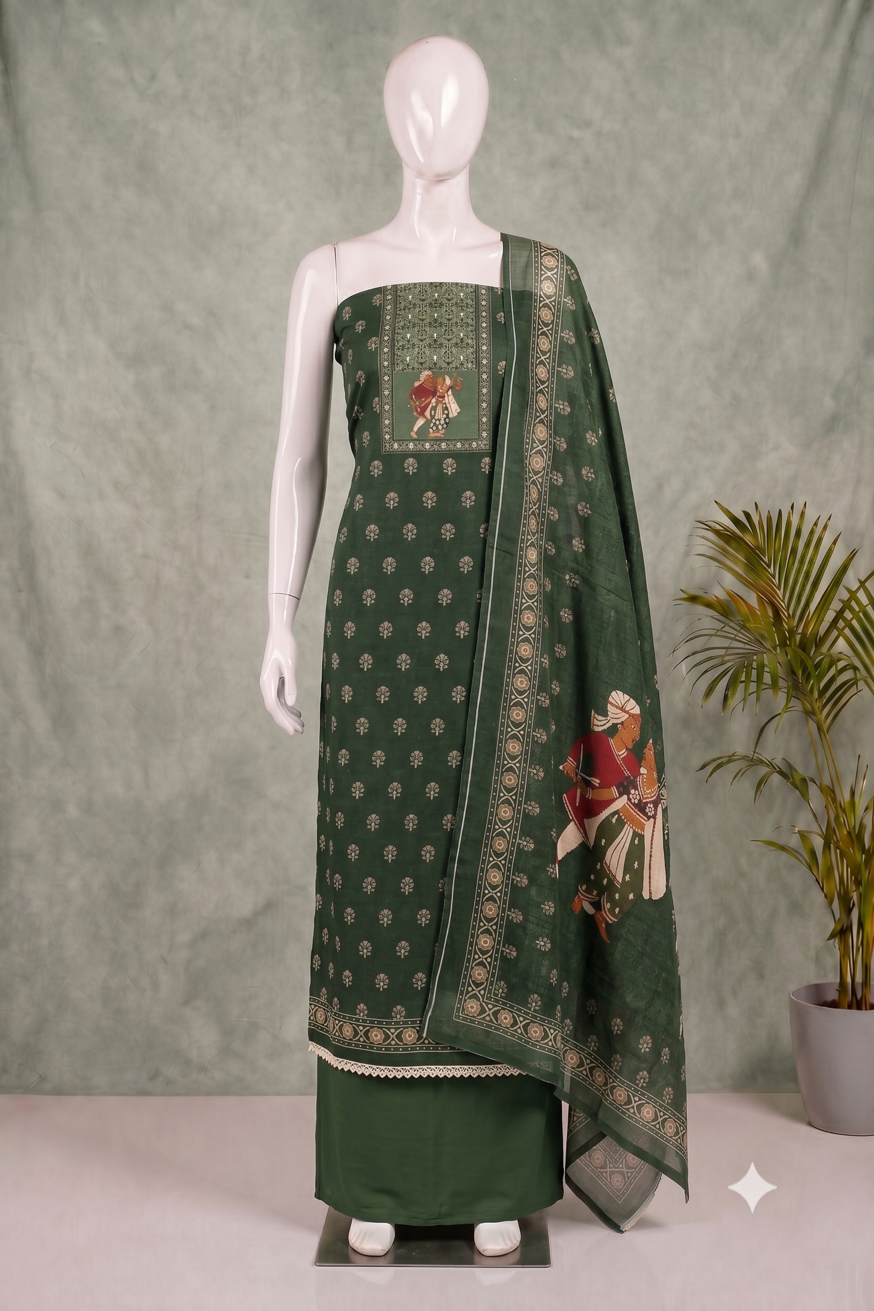 Brown Linen Hand Work With Rajasthani Print Unstitched Suit Set image number 3
