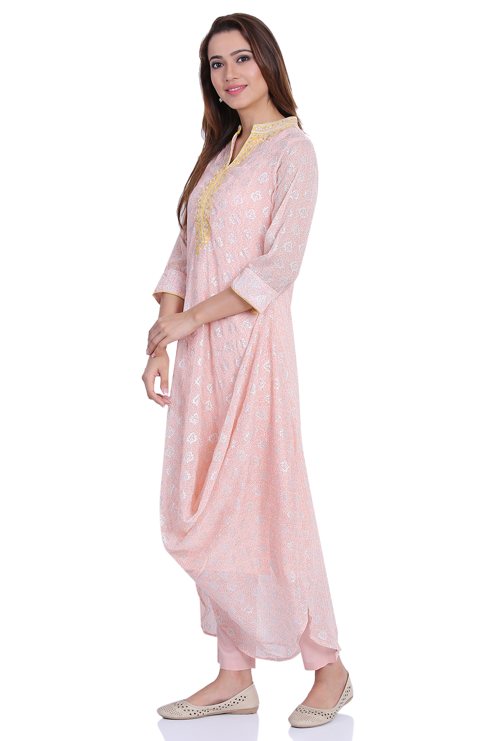 Peach Asymmetric Poly Cotton Printed Kurta image number 2