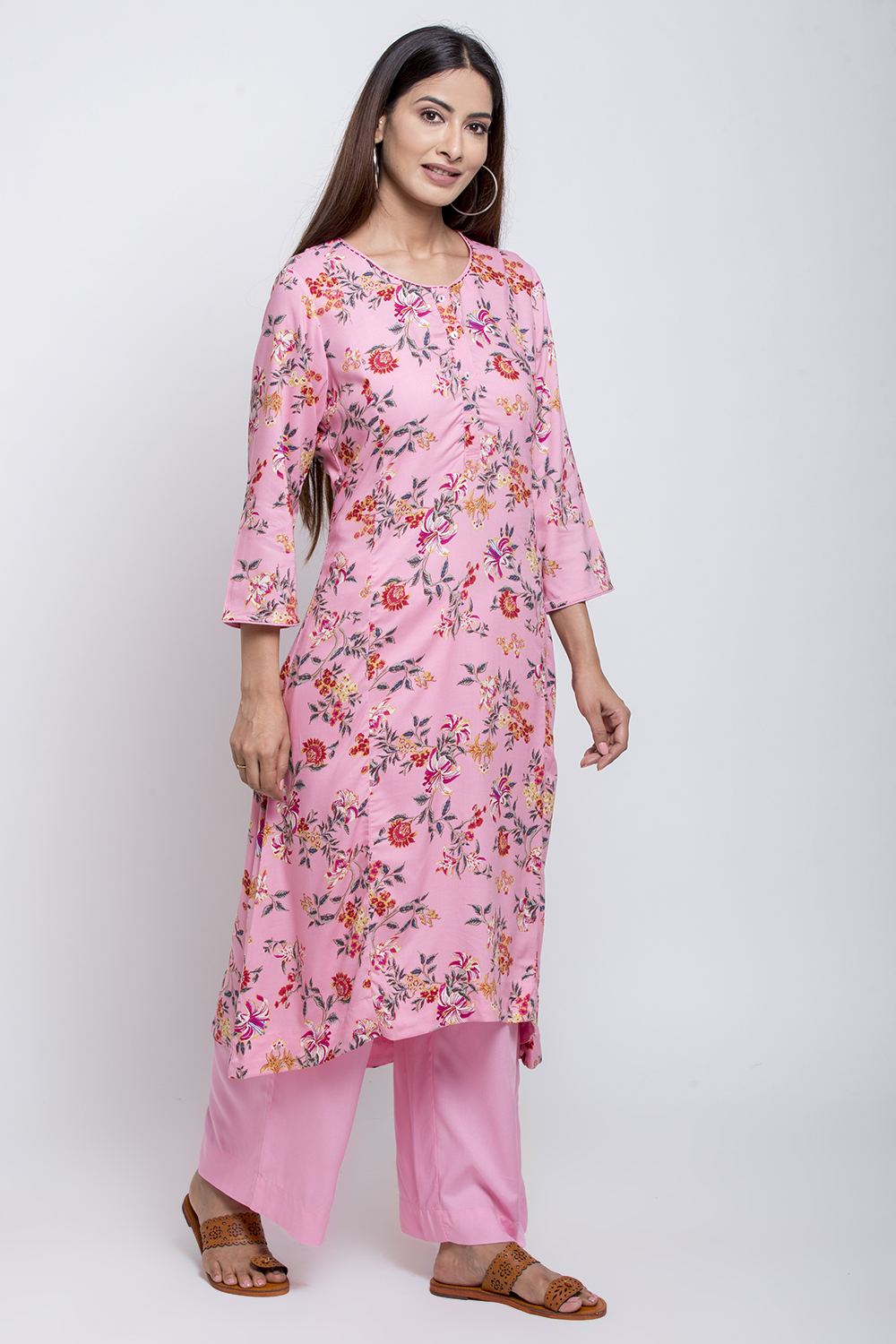 Pink Viscose A-Line Kurta Palazzo Suit Set image number 2