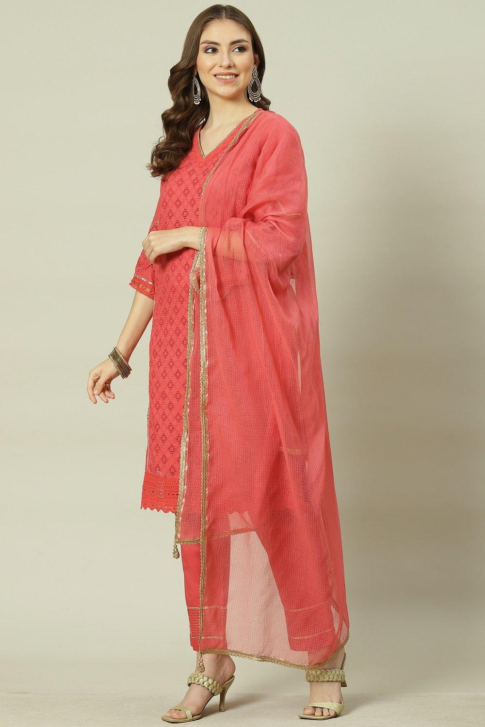 Soft Red Straight Kurta Relaxed Pant Suit Set image number 6