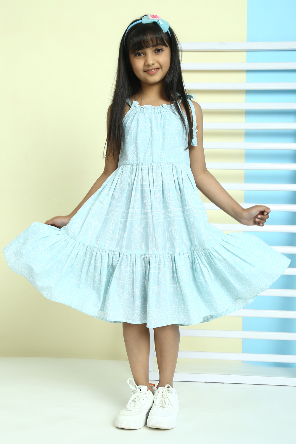 Blue Cotton Flared Printed Dress image number 0