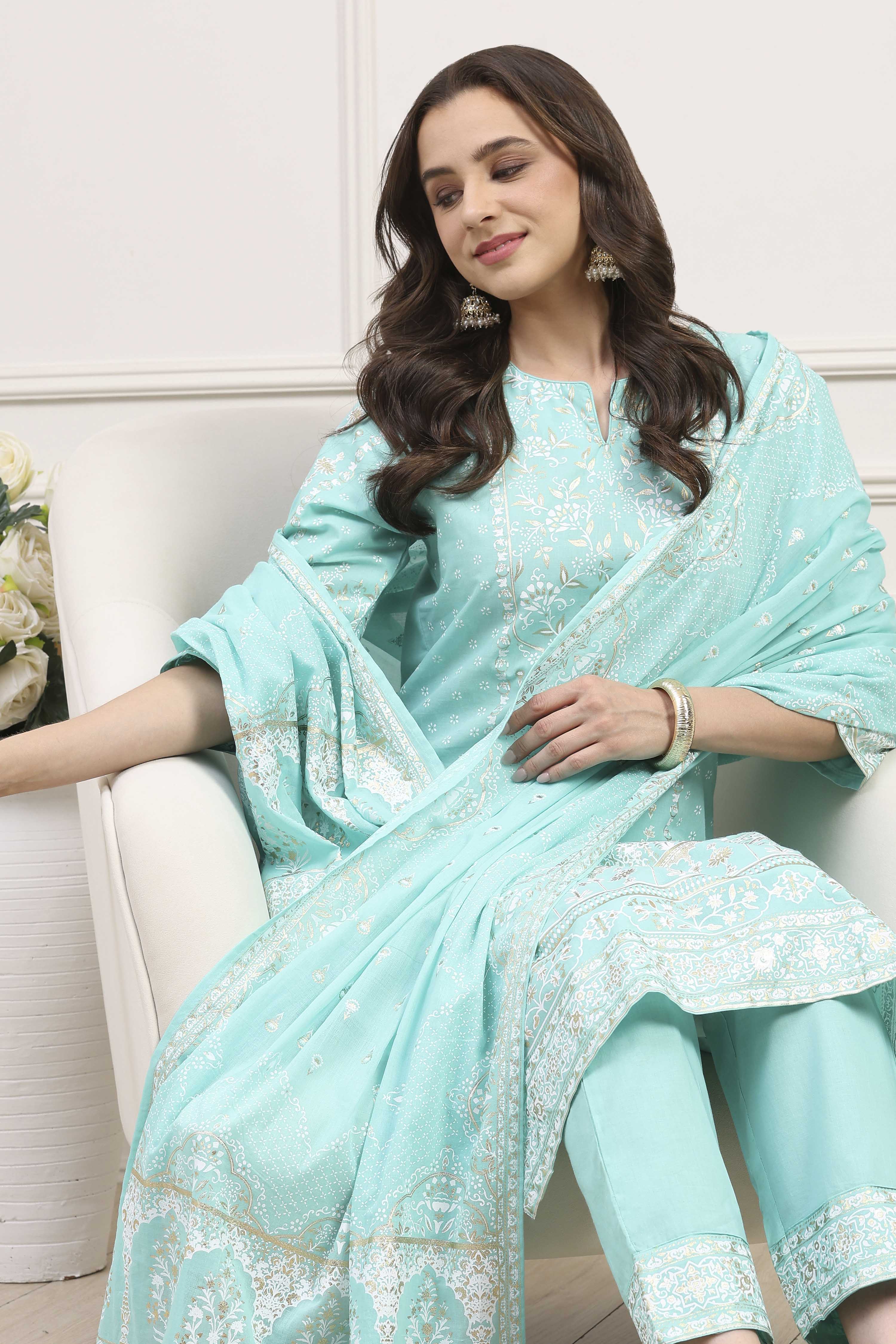 Sea Green Cotton Straight Kurta Pants Suit Set image number 7