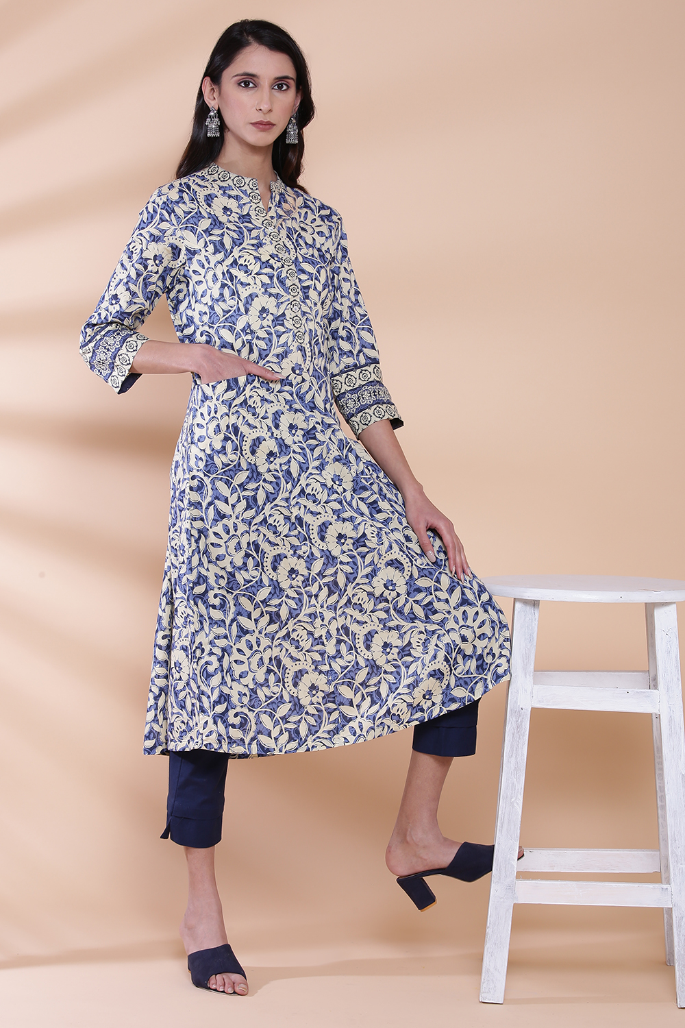 Indigo Cotton A-Line Printed Kurta image number 0