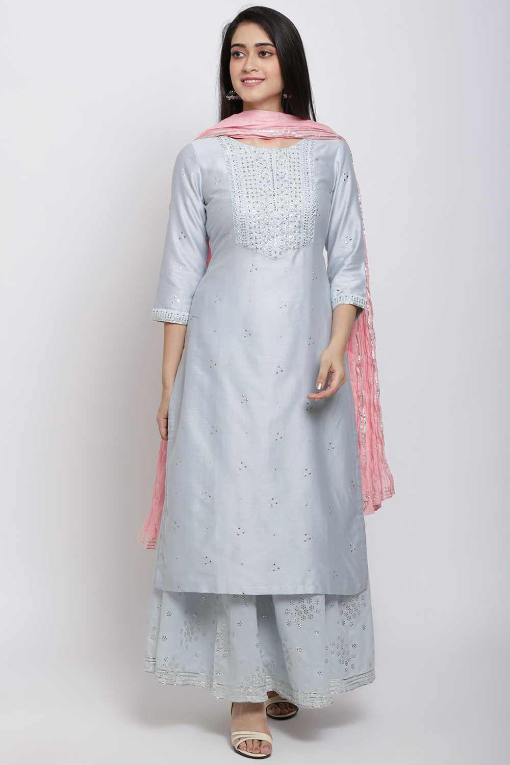 Ice Blue Cotton Silk Straight Kurta Skirt Suit Set image number 0