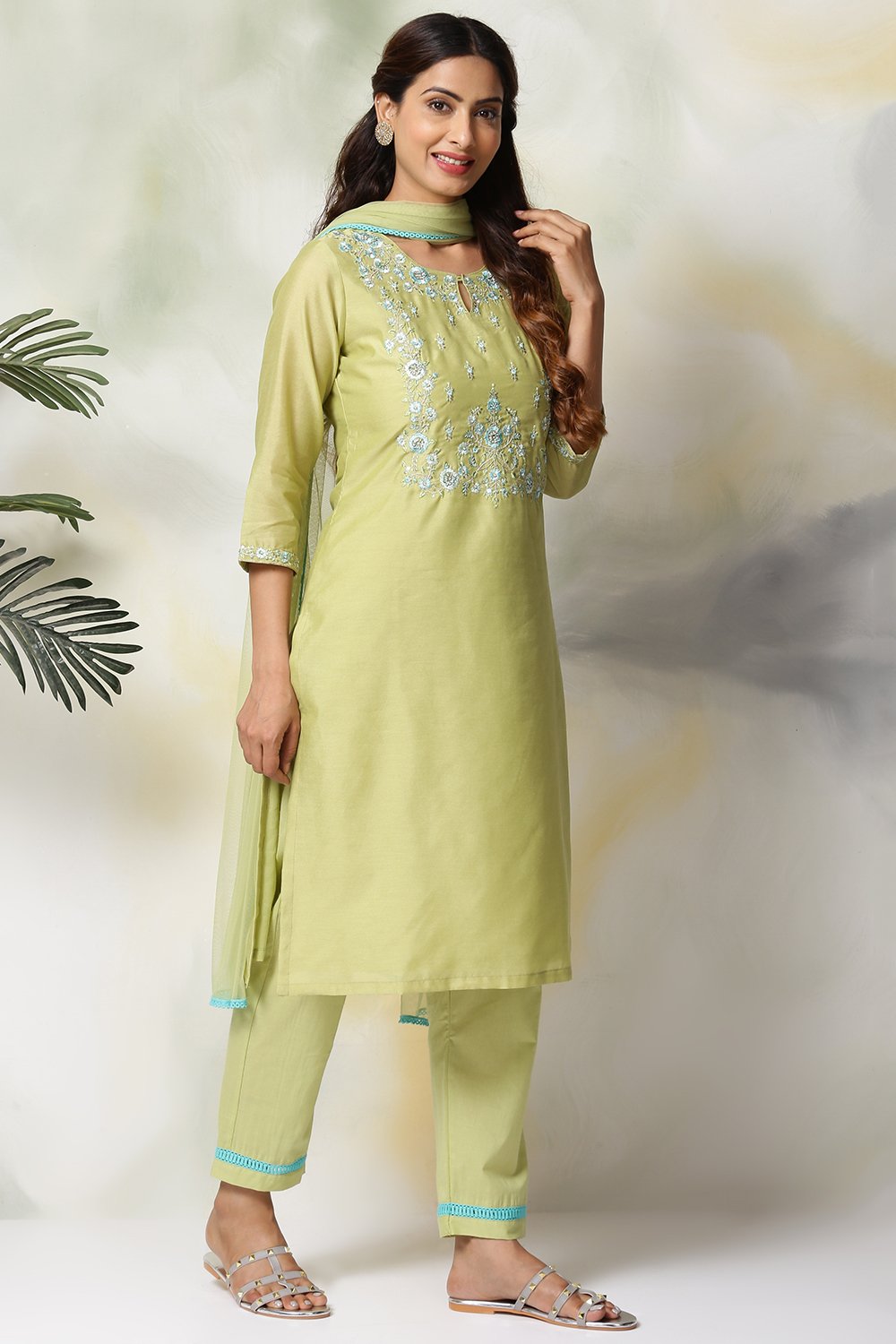 Peach Art Silk A-Line Kurta Regular Pant Suit Set image number 5
