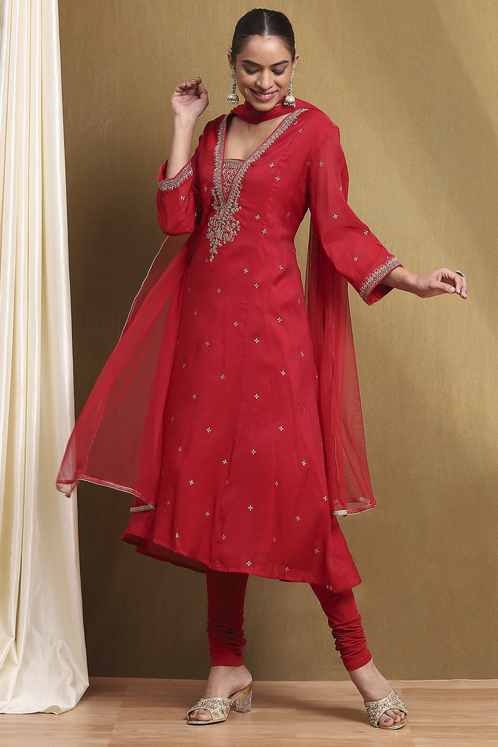 Red Embroidered Festive Kalidar Suit Set image number 0