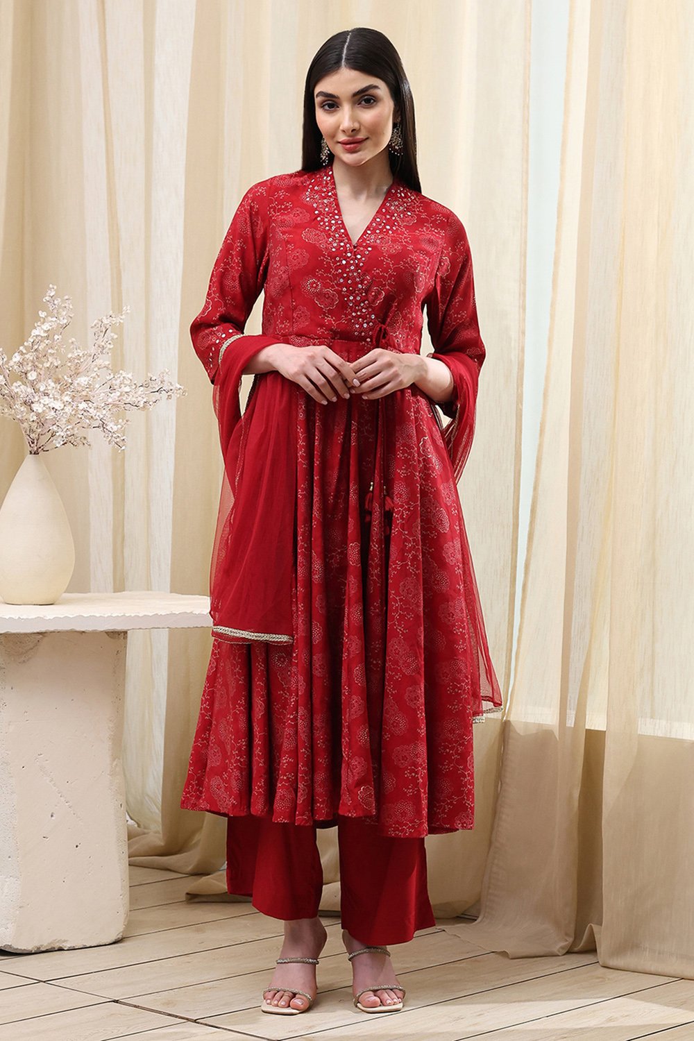 Navy Blue Printed Angrakha Style Anarkali Suit Set image number 6