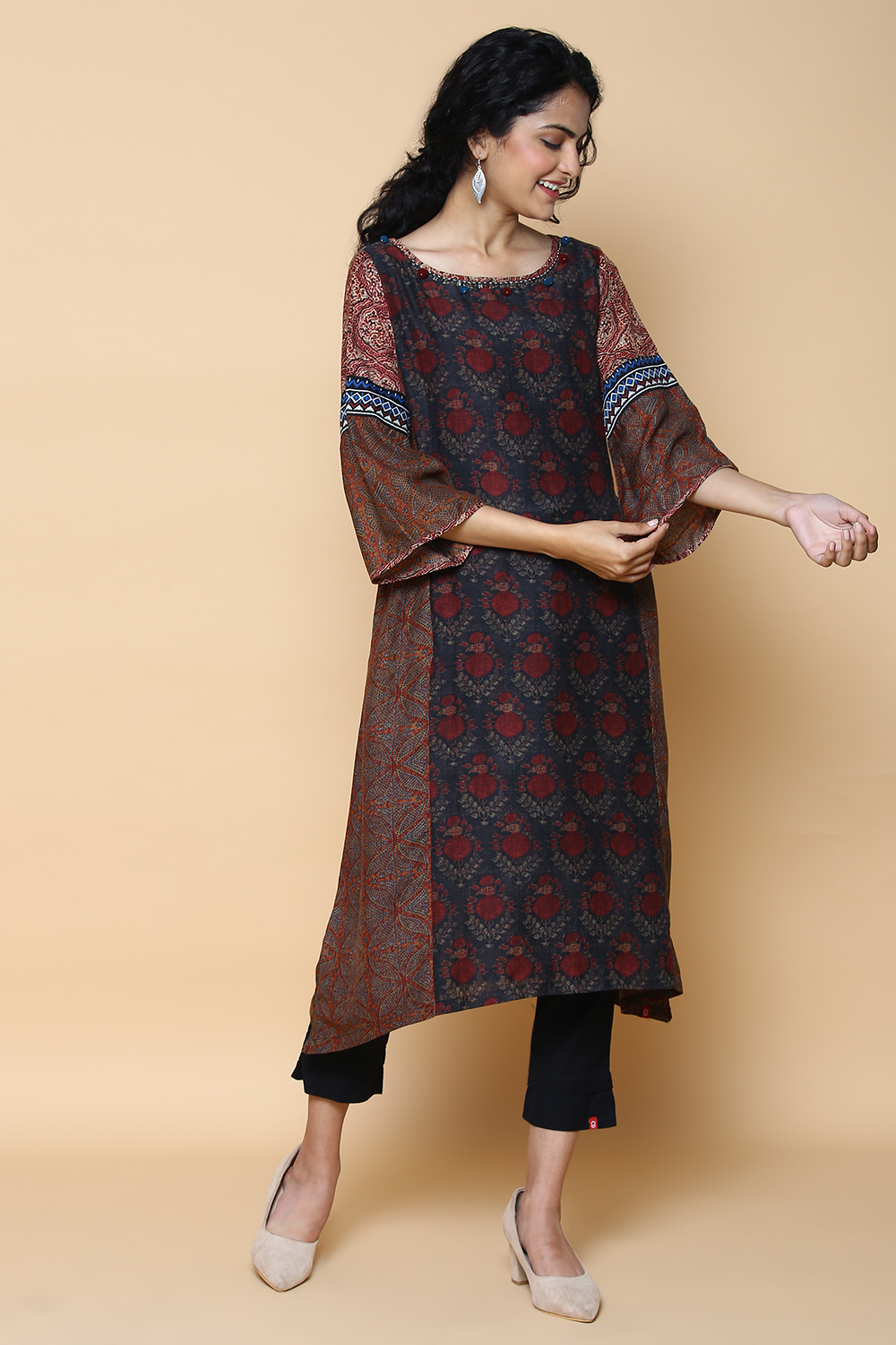 Charcoal Black Art Silk Printed Kurta image number 2