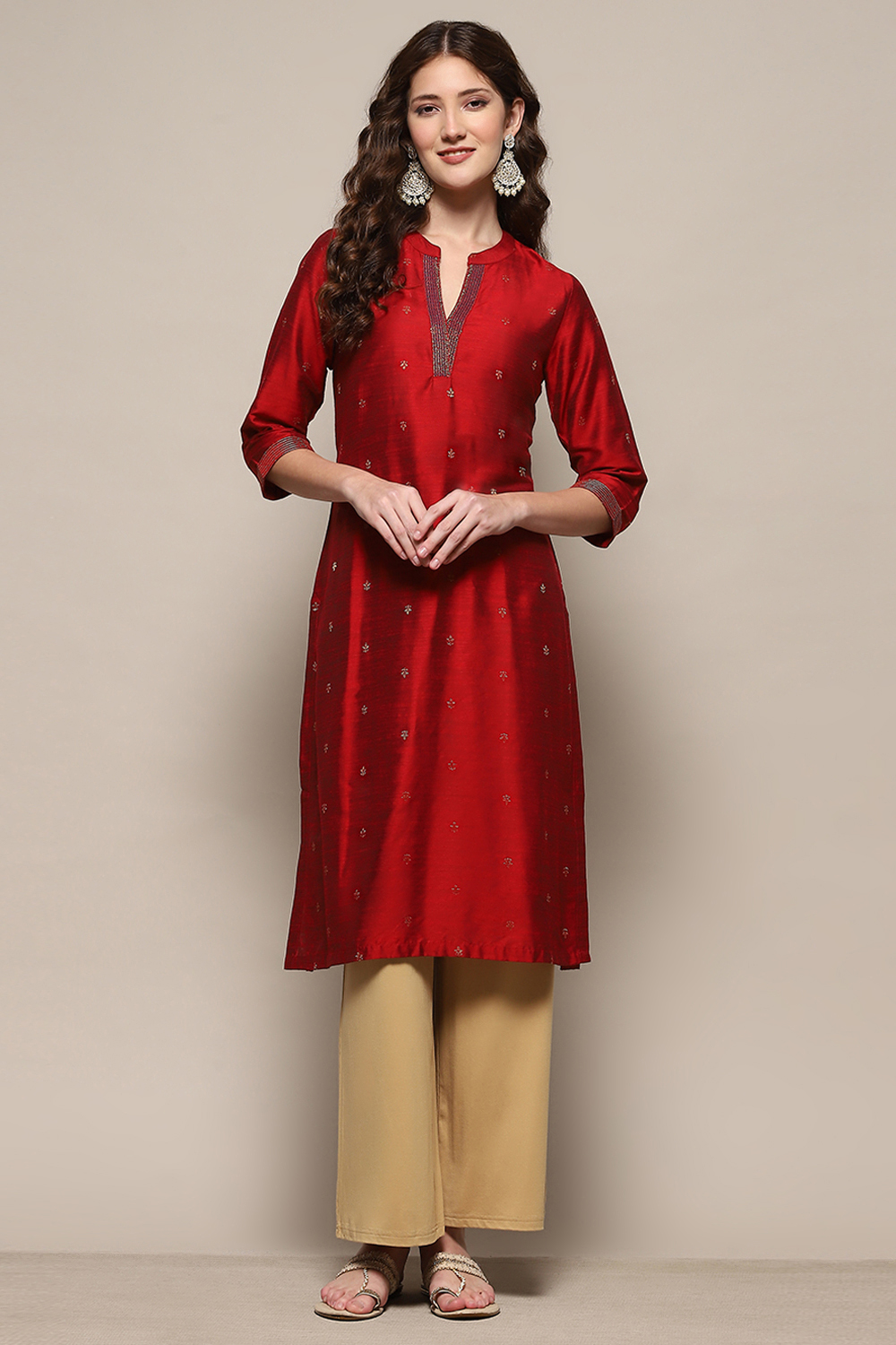 Red Polyester Straight Kurta image number 0