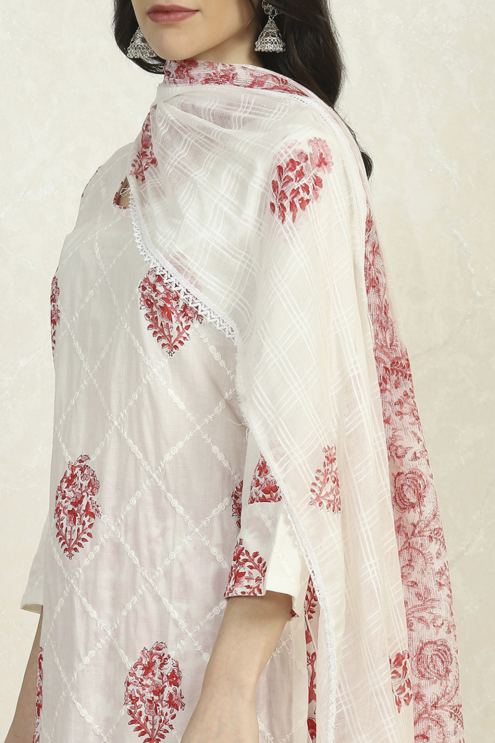 White Pink Cotton Hand Block Print Unstitched Suit Set image number 2