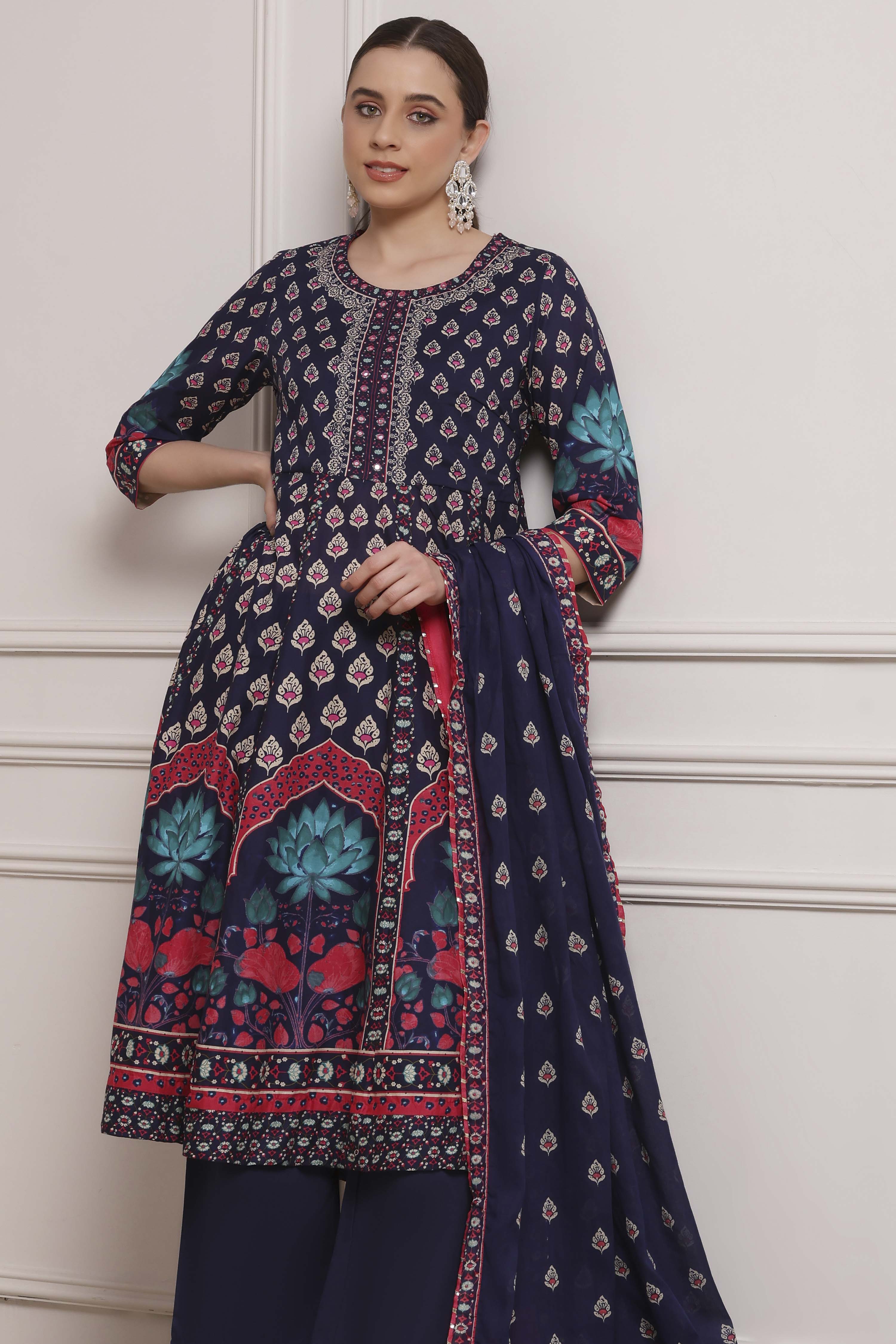 Navy Cotton Anarkali Printed Suit Set image number 6