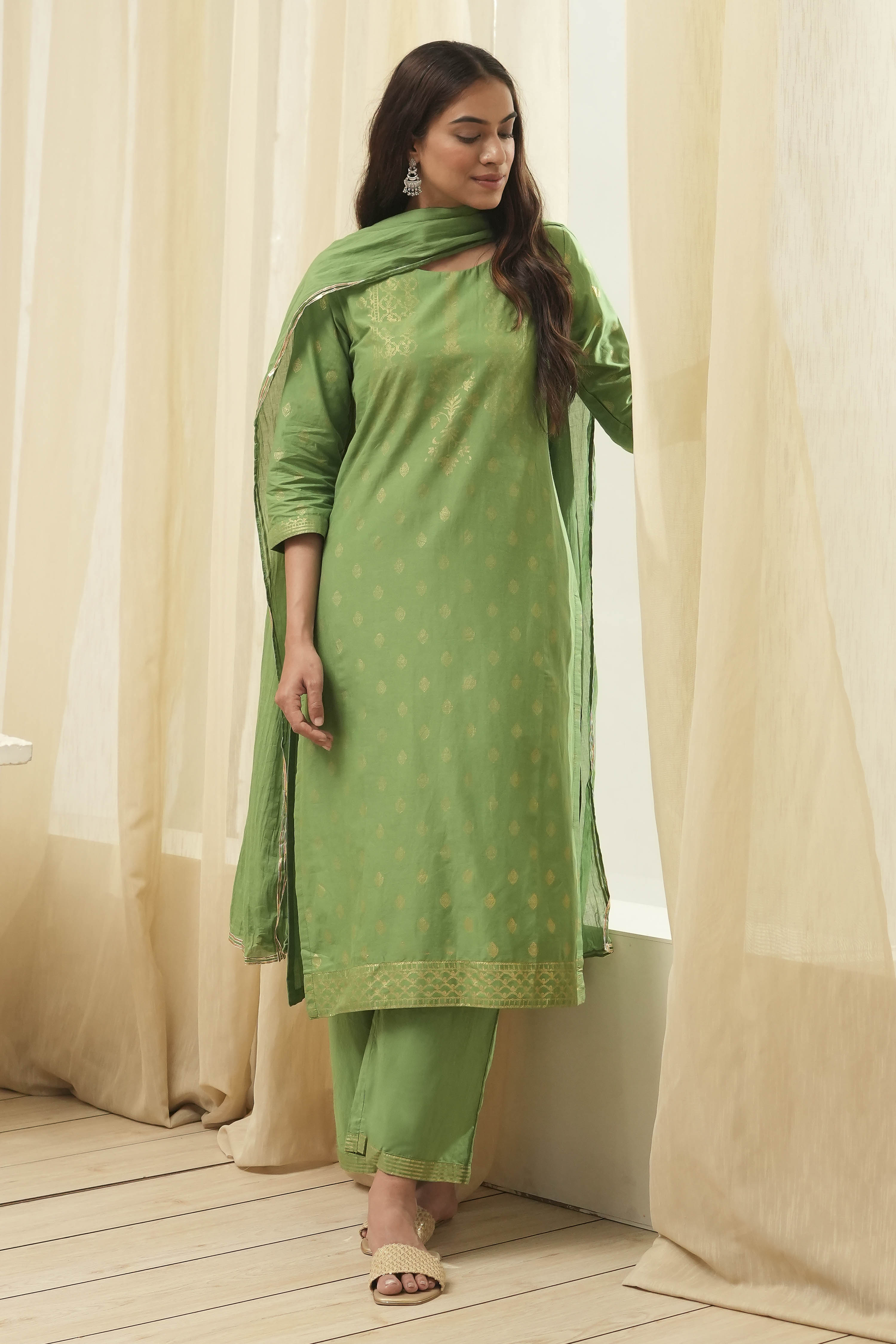Blue Cotton Straight Kurta Palazzo Suit Set image number 6