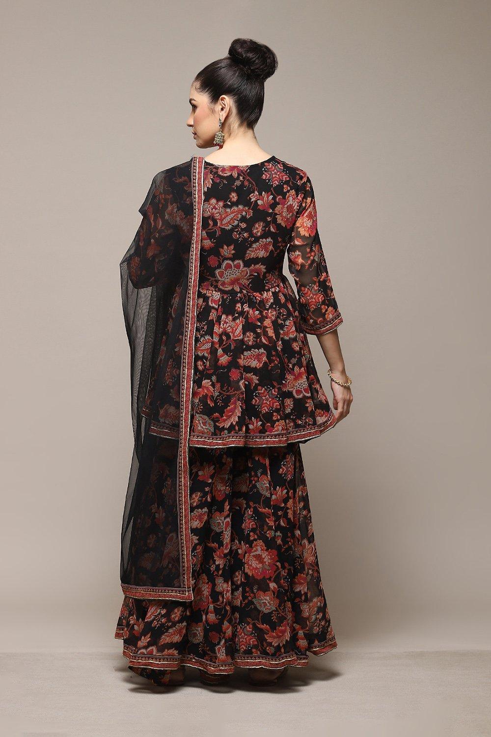 Black Floral Printed Flared Kurti & Garara Suit Set image number 4