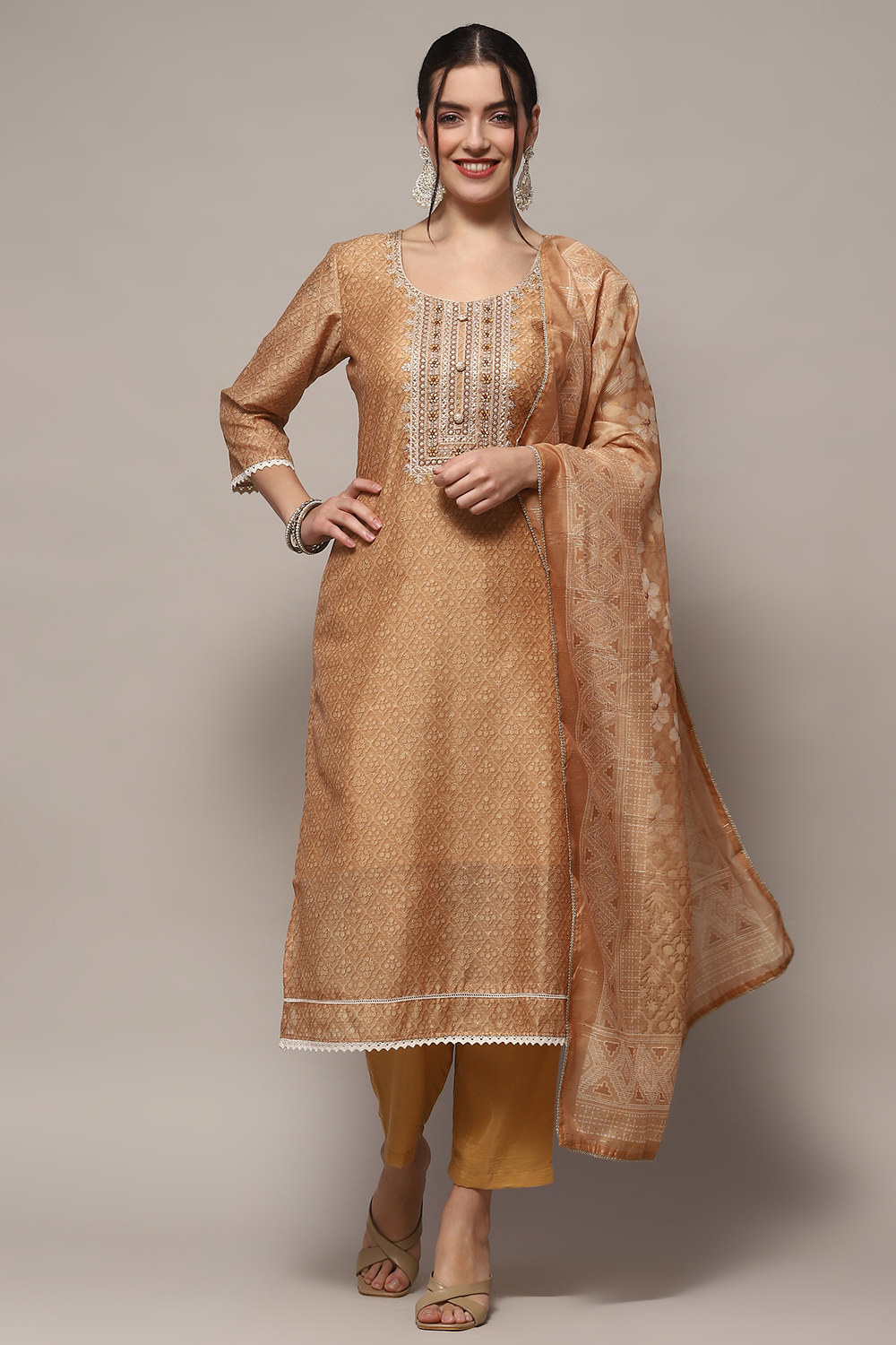 Golden Chanderi Blend Unstitched Suit set image number 8