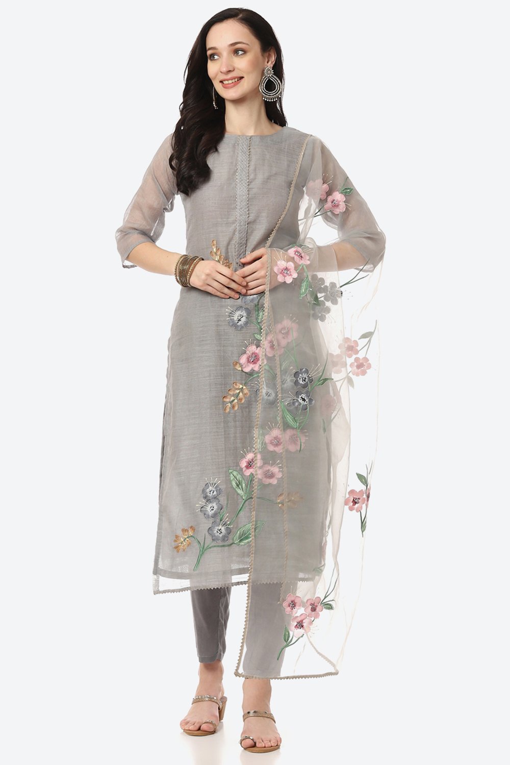 Grey Upada Silk Easy Stitch Suit Set image number 6