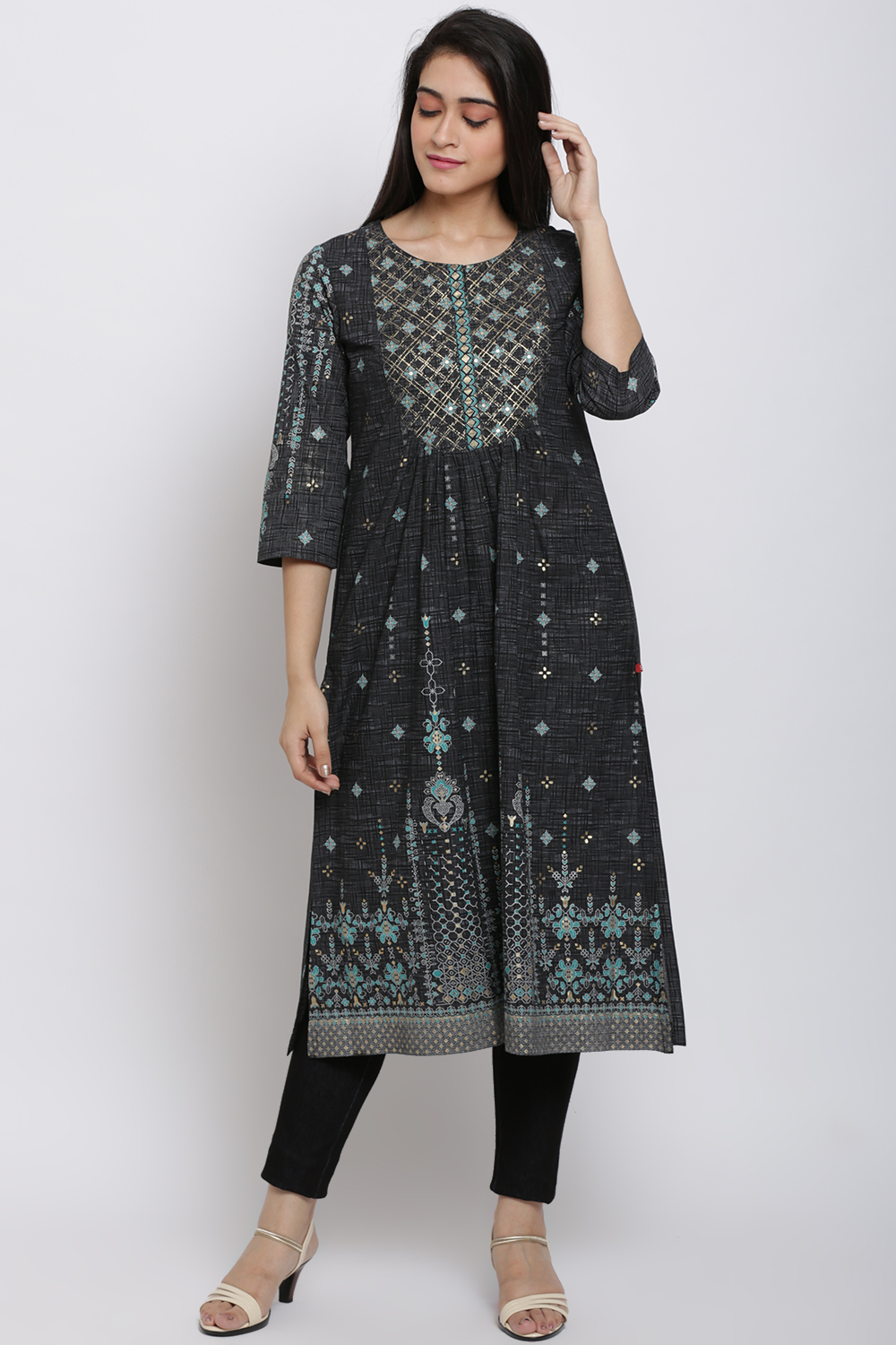 Black Cotton A-Line Printed Kurta image number 0