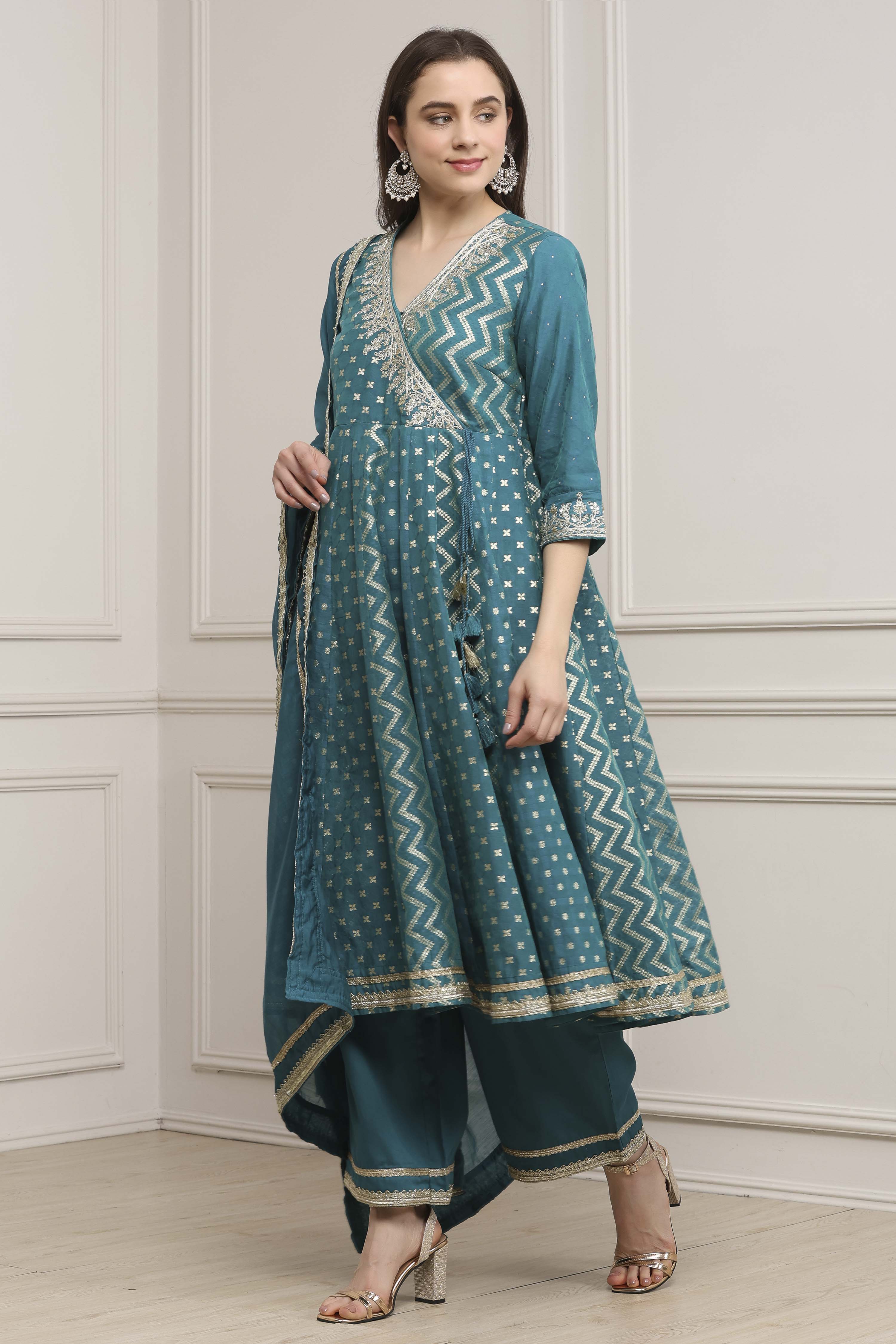 Teal Green Poly Cotton Anarkali Suit Set image number 3