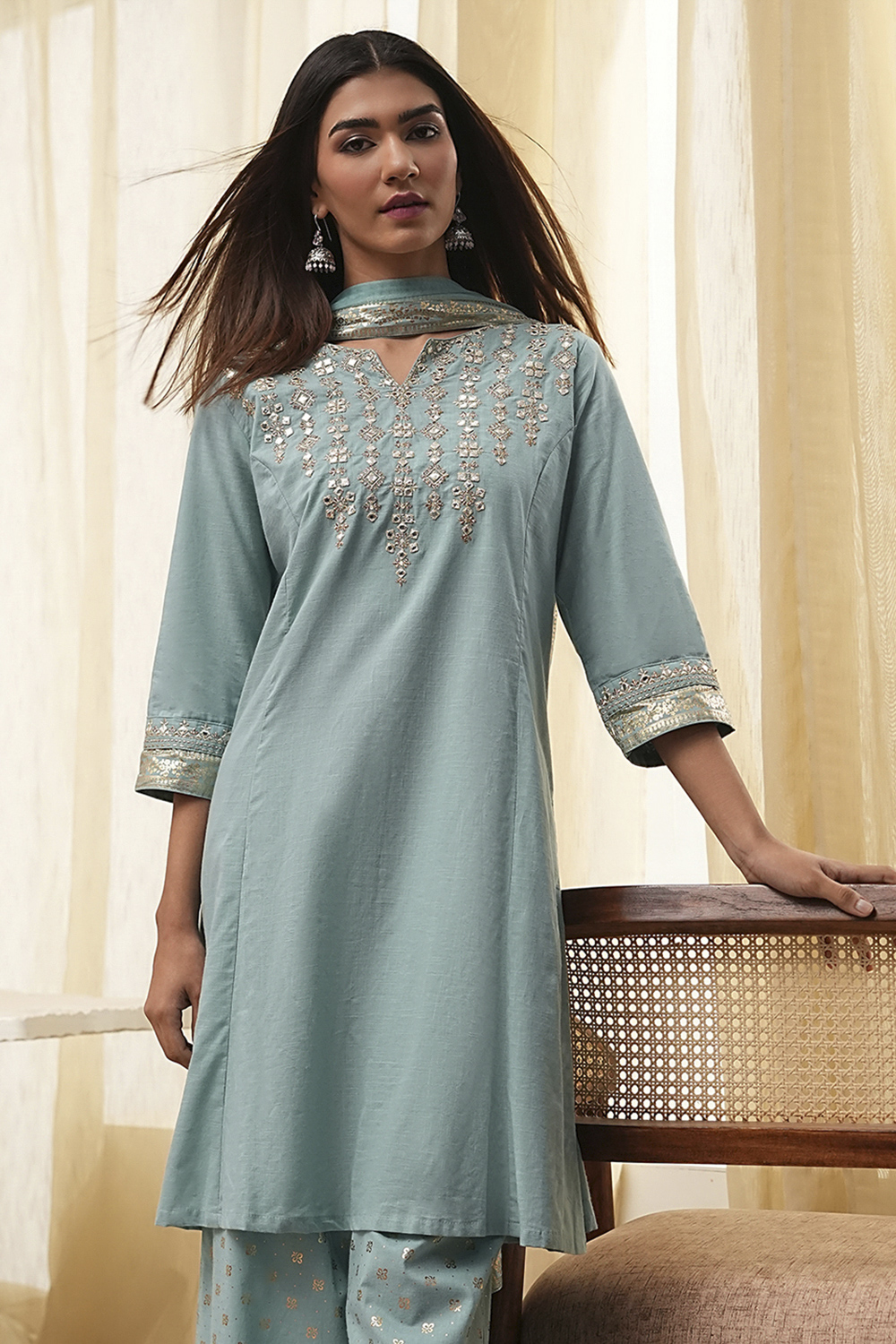 Dull Blue Cotton Embroidered Kalidar Suit Set image number 8