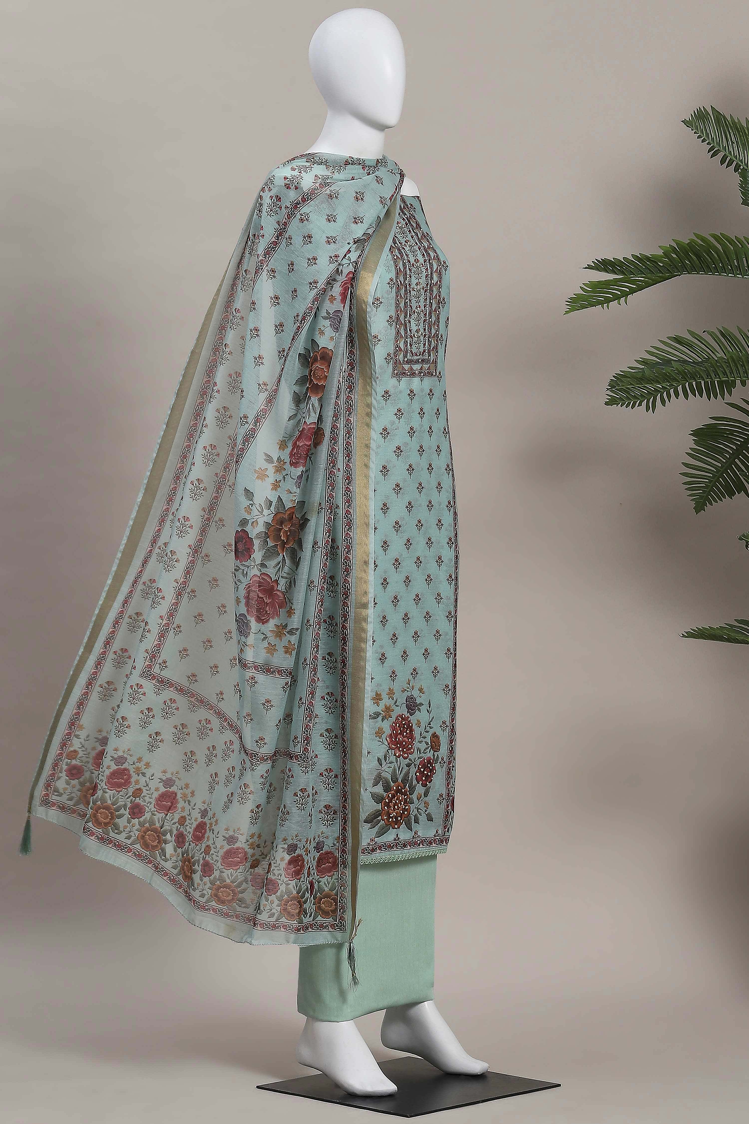 Cream-Toned Muslin Rajasthani Print Unstitched Suit Set image number 4