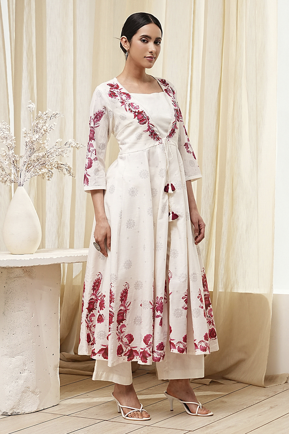 Off-White and Red Anarkali Fusion Set image number 5