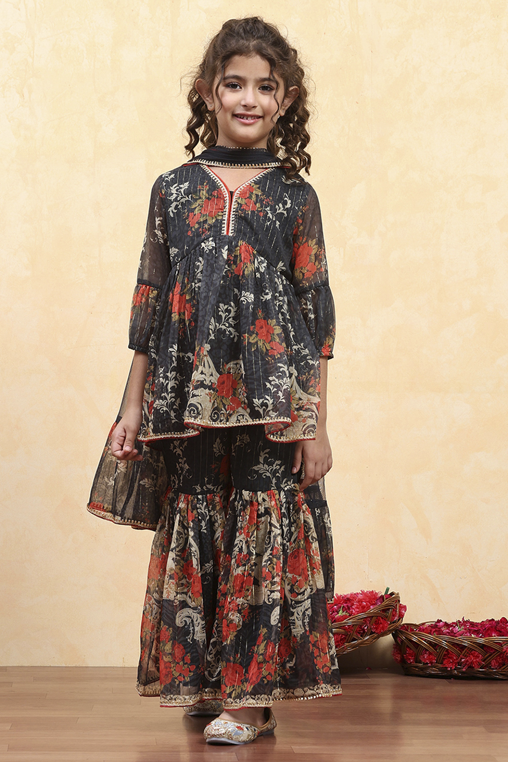 Black Polyester Floral Printed Peplum Sharara Kurta Set image number 6