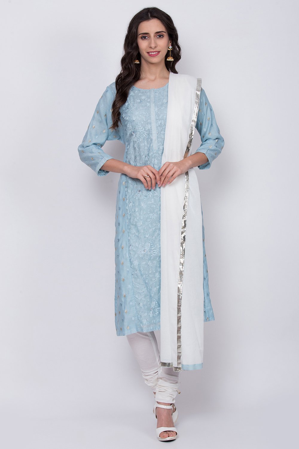 Blue Cotton Silk Straight Kurta Churidar Suit Set image number 3