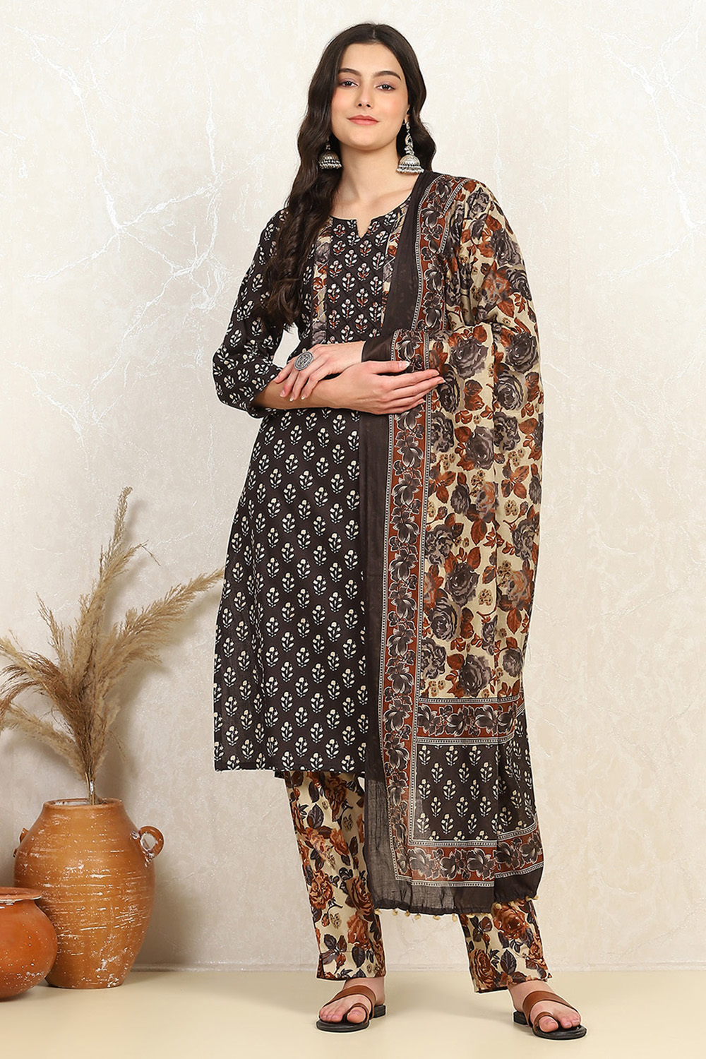 Rust Cotton Unstitched Suit Set image number 7