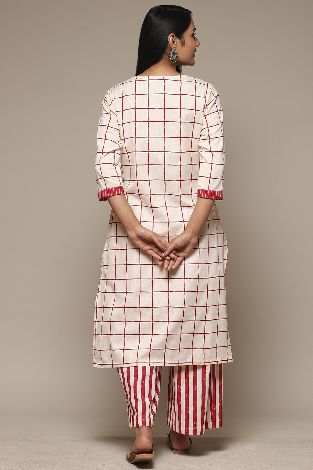 Natural & Blue Cotton Blend Straight Kurta Palazzo Suit Set image number 4