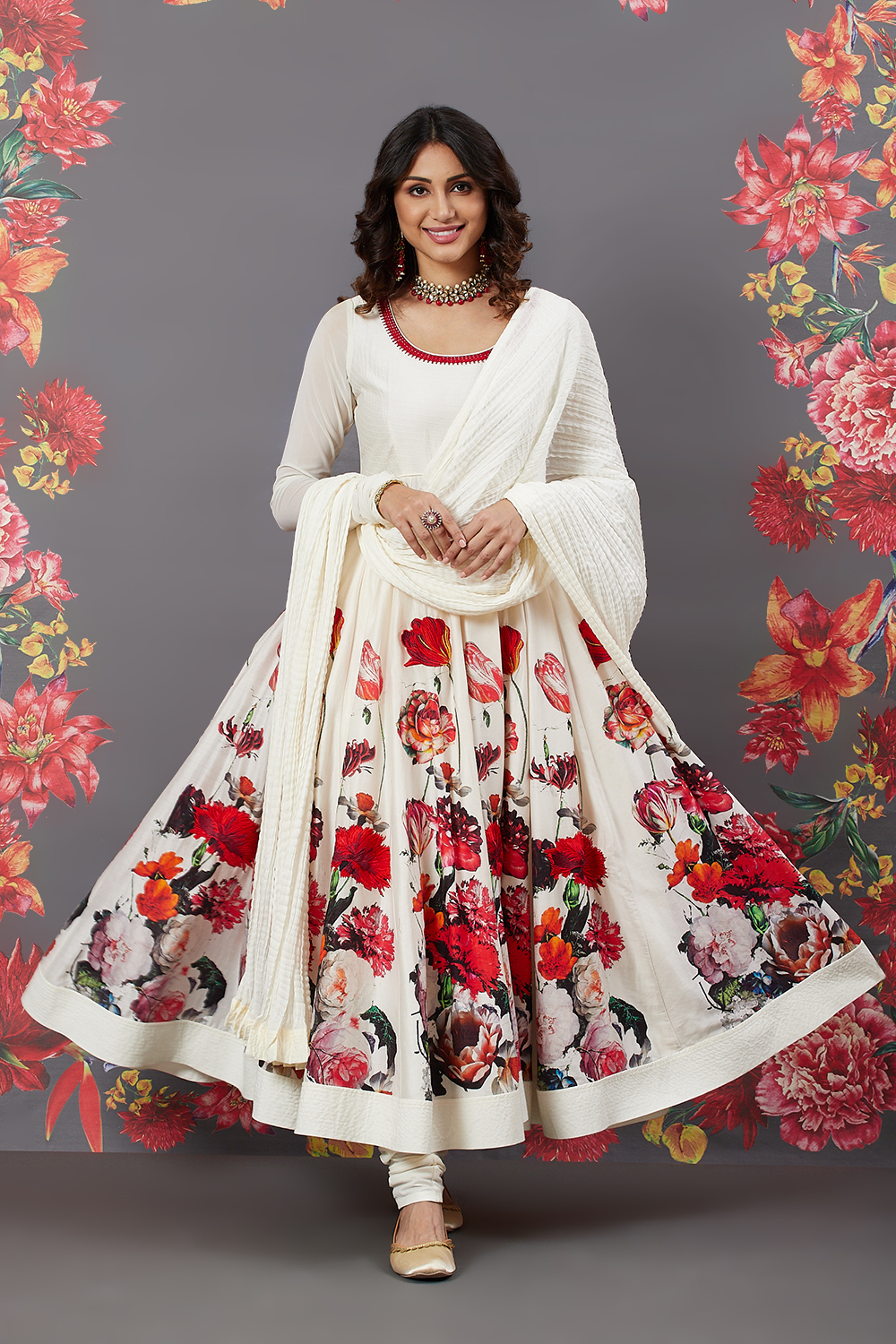 Rohit Bal Off White Chanderi Silk Anarkali Printed Suit Set image number 0