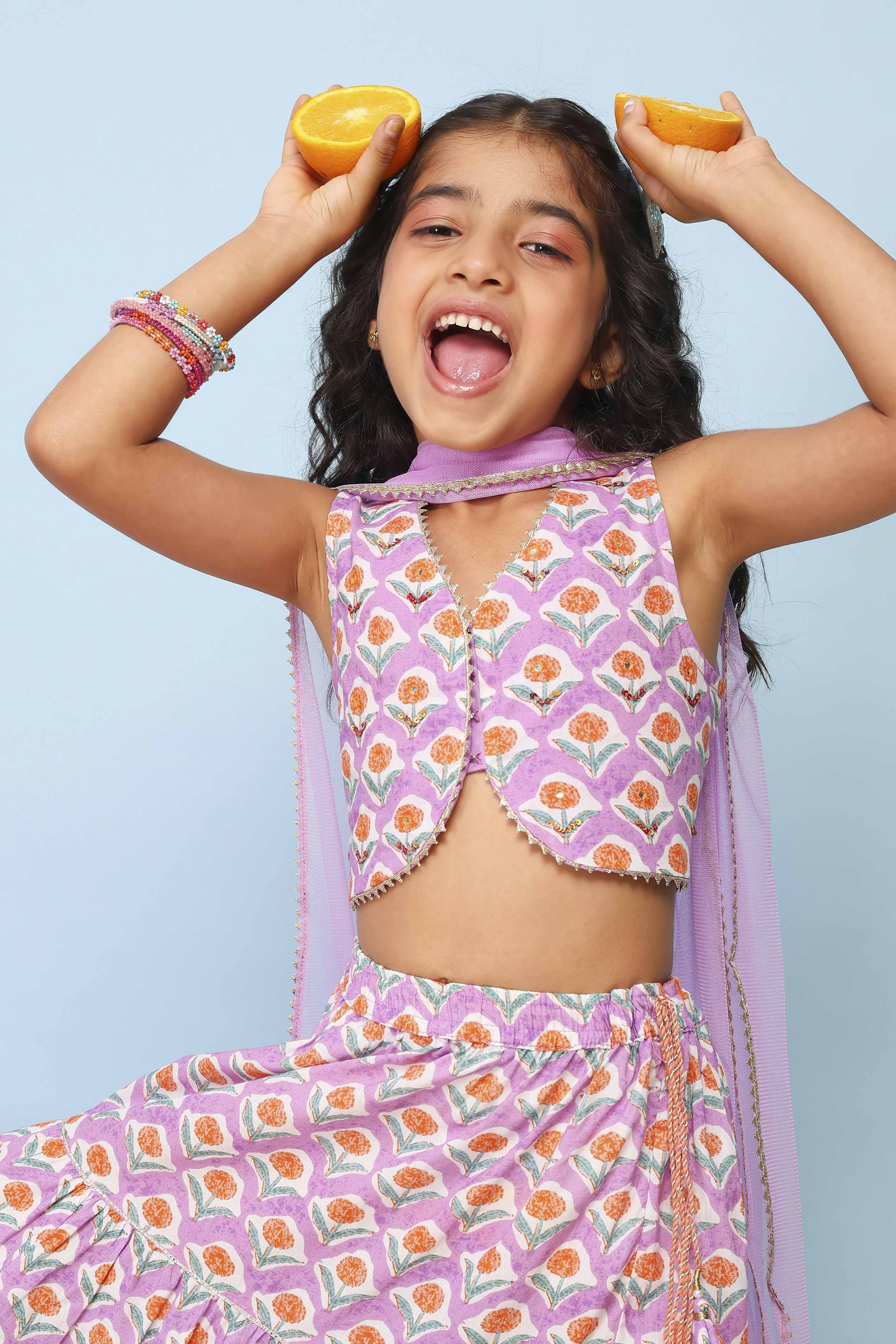 Lilac Cotton Printed Straight Lehenga Set image number 1