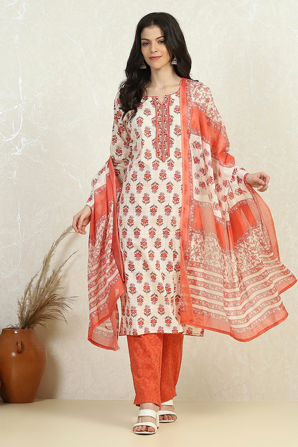 Orange Cotton Printed Embroidered Unstitched Suit Set image number 1