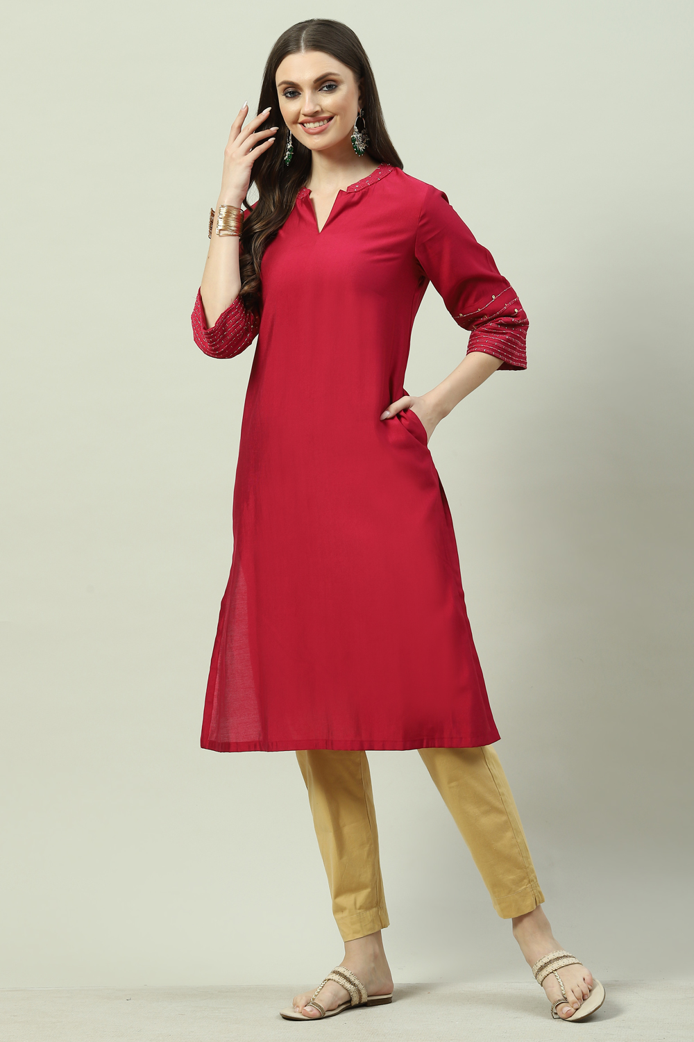 Berry Pink  LIVA Straight Yarndyed Kurta image number 2