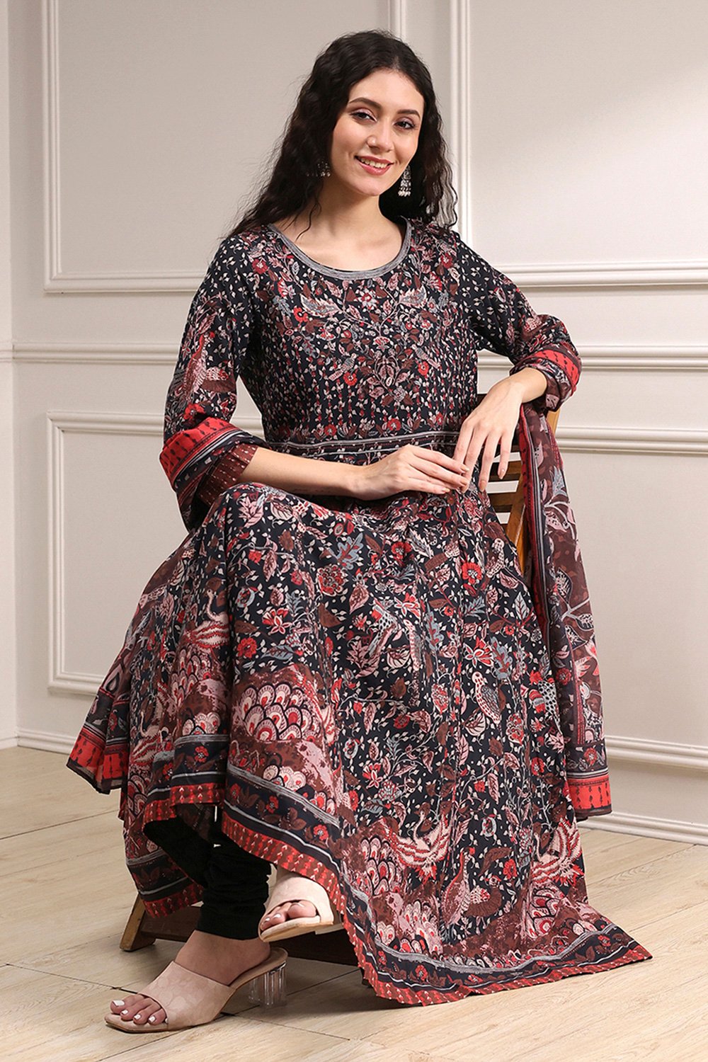 Black Cotton Fitted Anarkali Suit Set image number 0