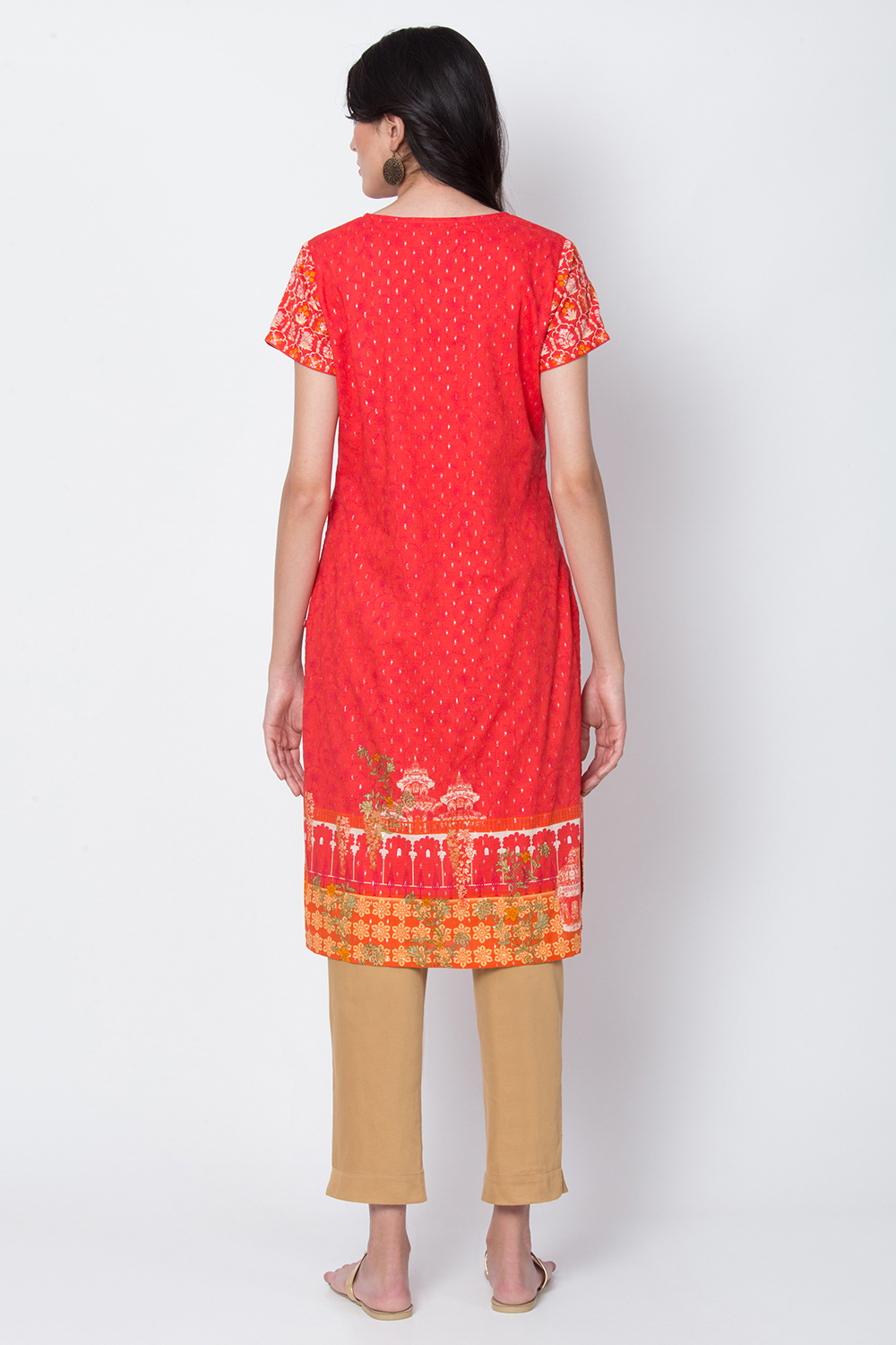Red Metallic Cotton Straight Printed Kurta image number 5