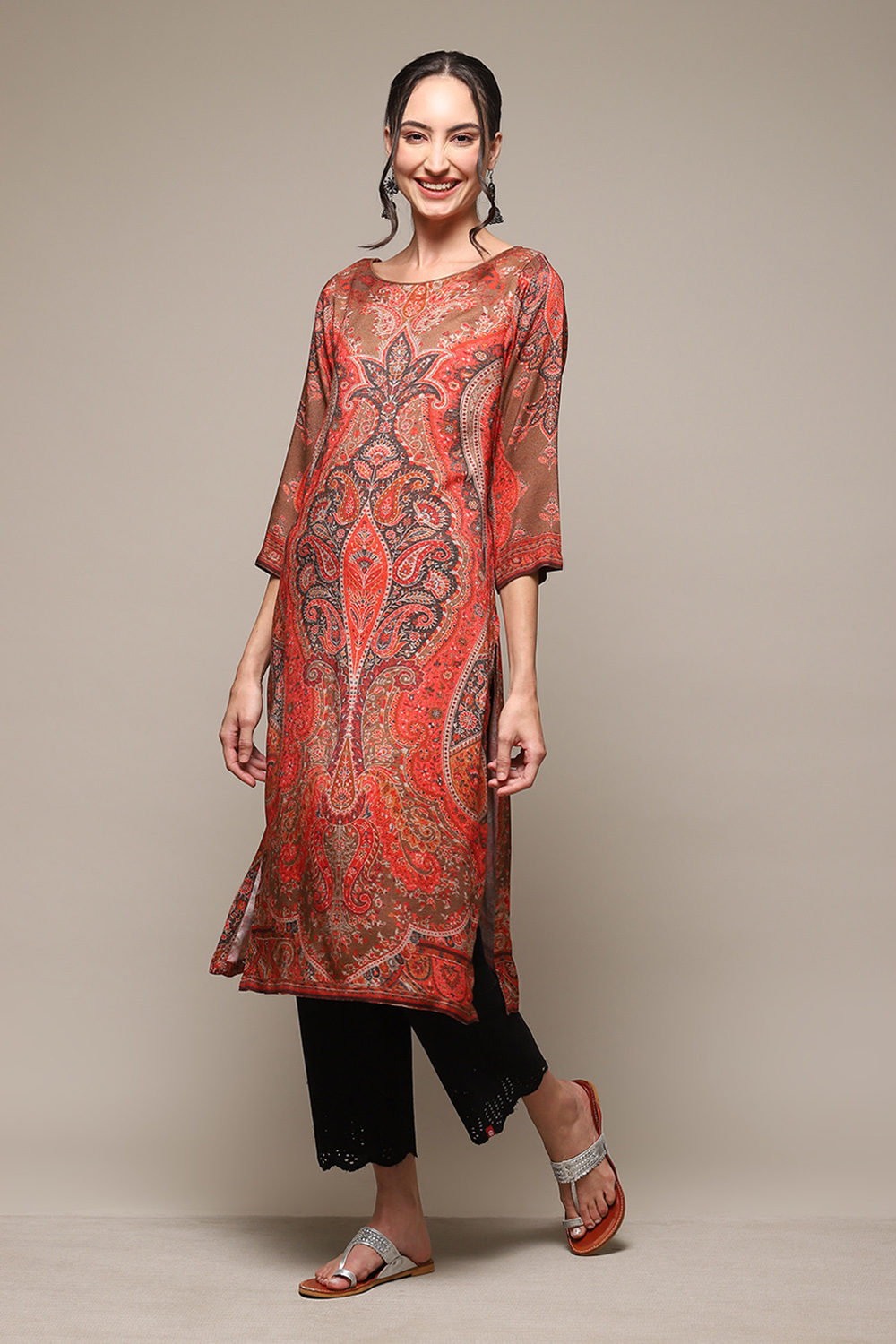 Beige LIVA Straight Printed Kurta image number 2