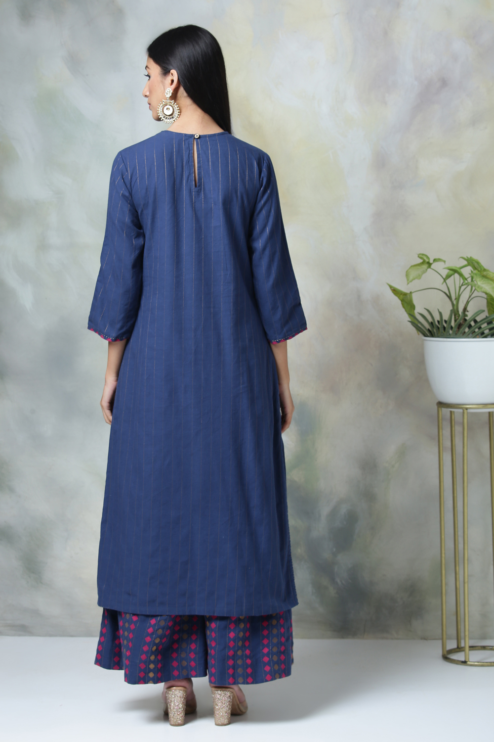 Navy Blue Metallic Cotton Straight Kurta Palazzo Suit Set image number 6