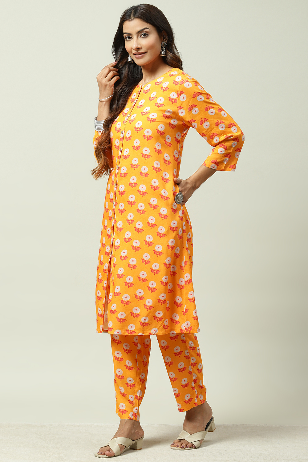 Mango Yellow LIVA Co-ord Set Kurta Relaxed Pant Suit Set image number 3