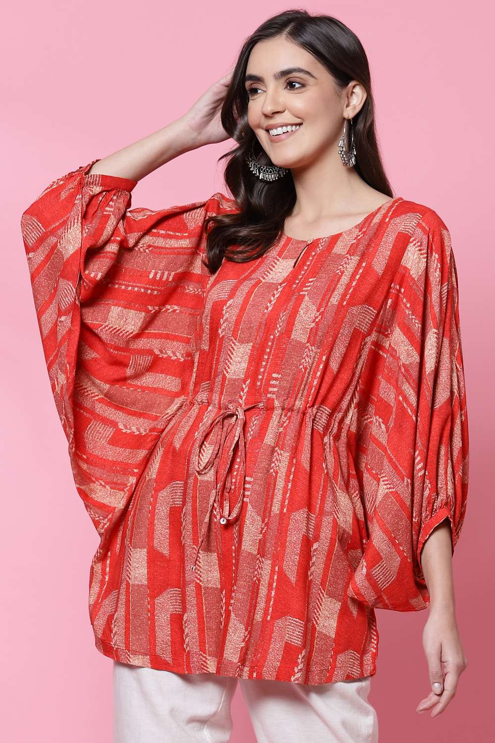 Red LIVA Flared Printed Short Kurti at Biba India