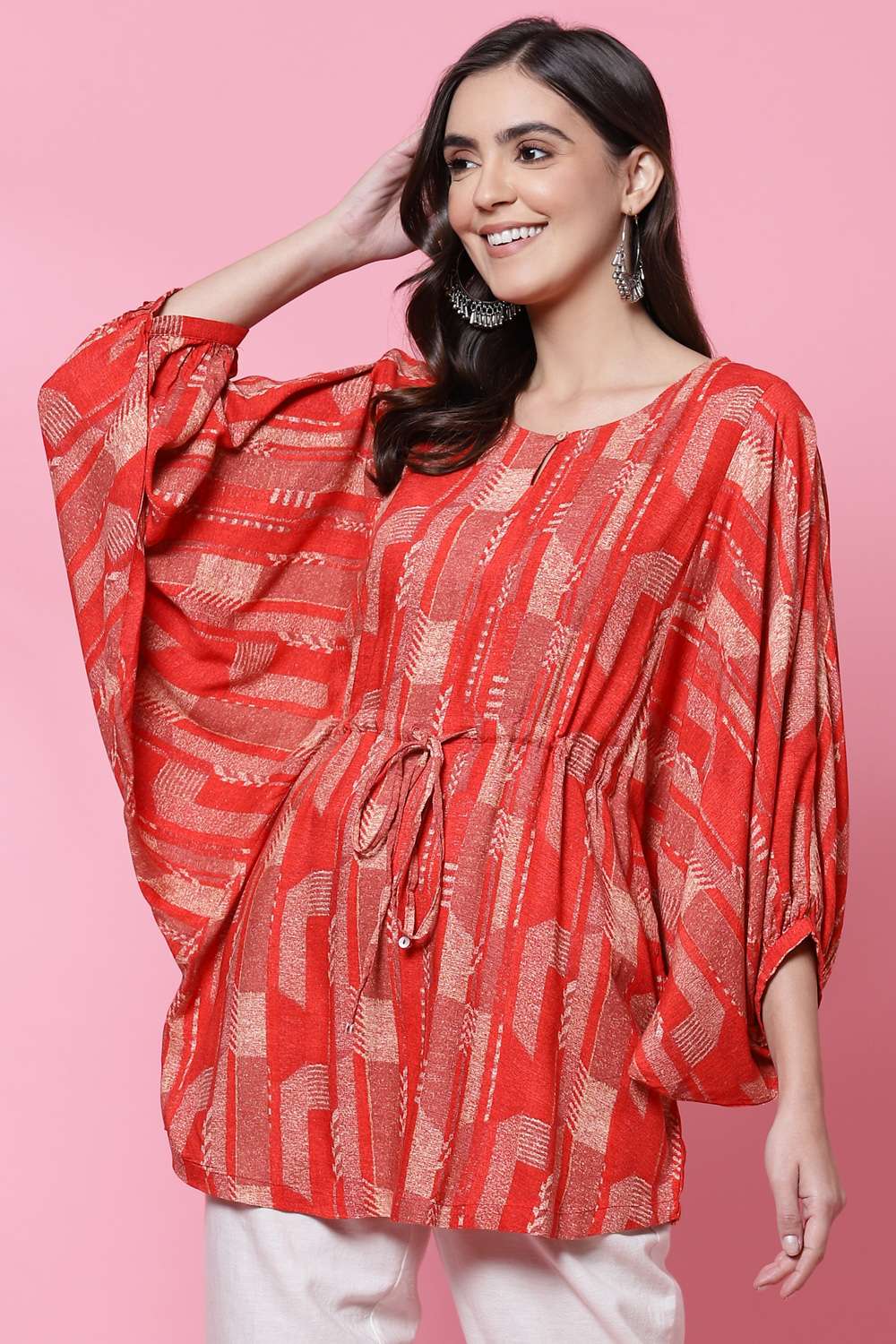 Red LIVA Flared Printed Short Kurti image number 0