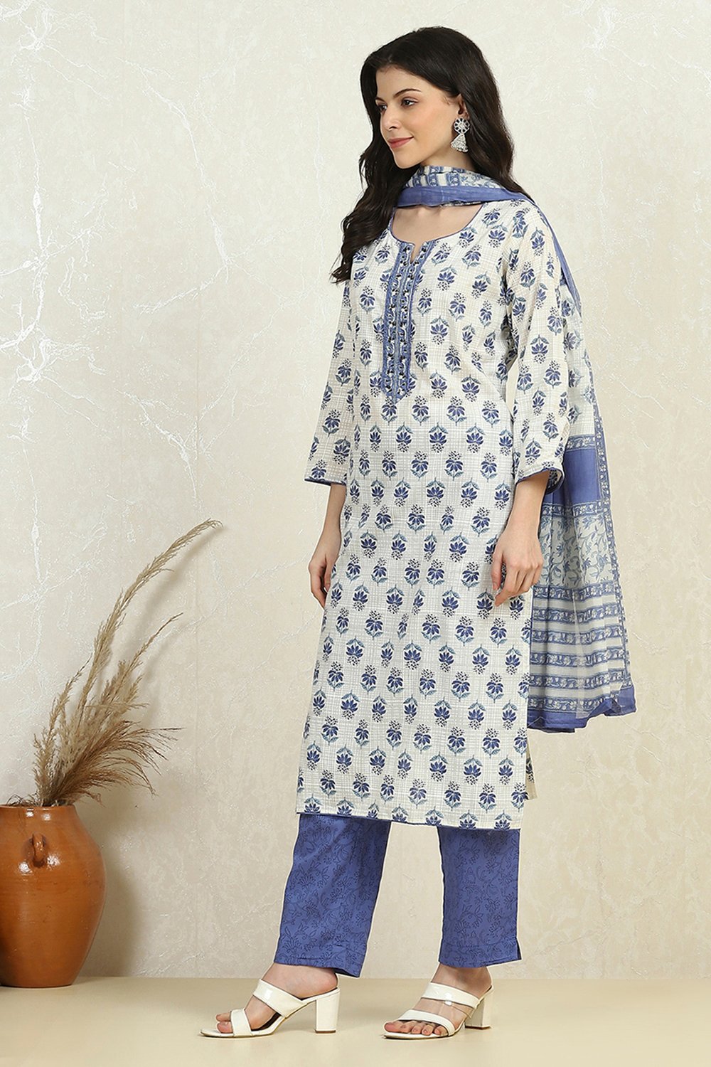 Orange Cotton Printed Embroidered Unstitched Suit Set image number 4