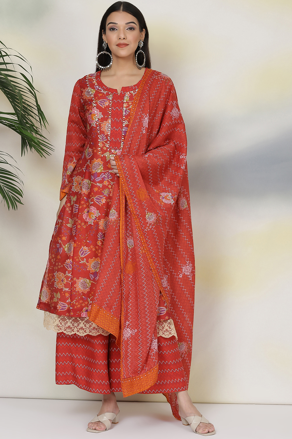 Red Cotton Silk Double Layered Kurta Flared Palazzo Suit Set image number 0