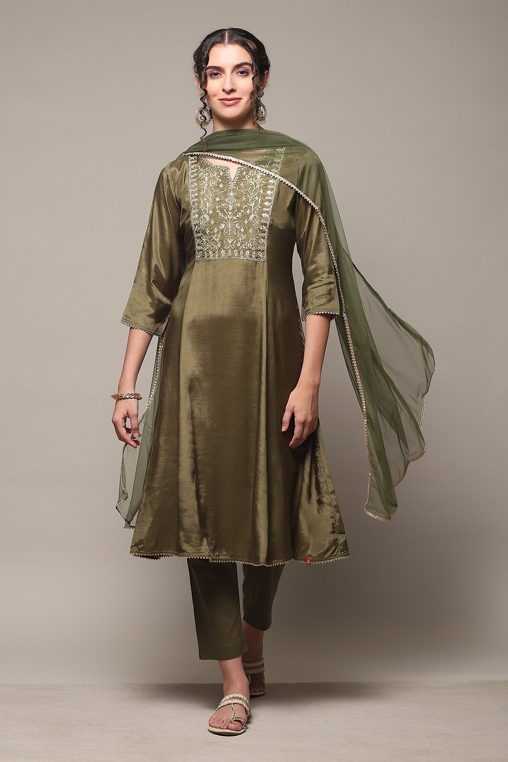 Mehandi Green Viscose Kalidar Kurta Slim Pants Suit Set image number 0