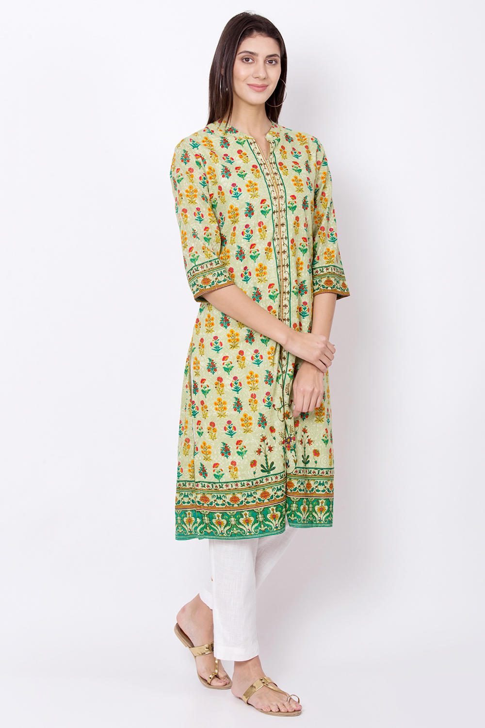 Green Cotton Front Slit Printed Kurta image number 3