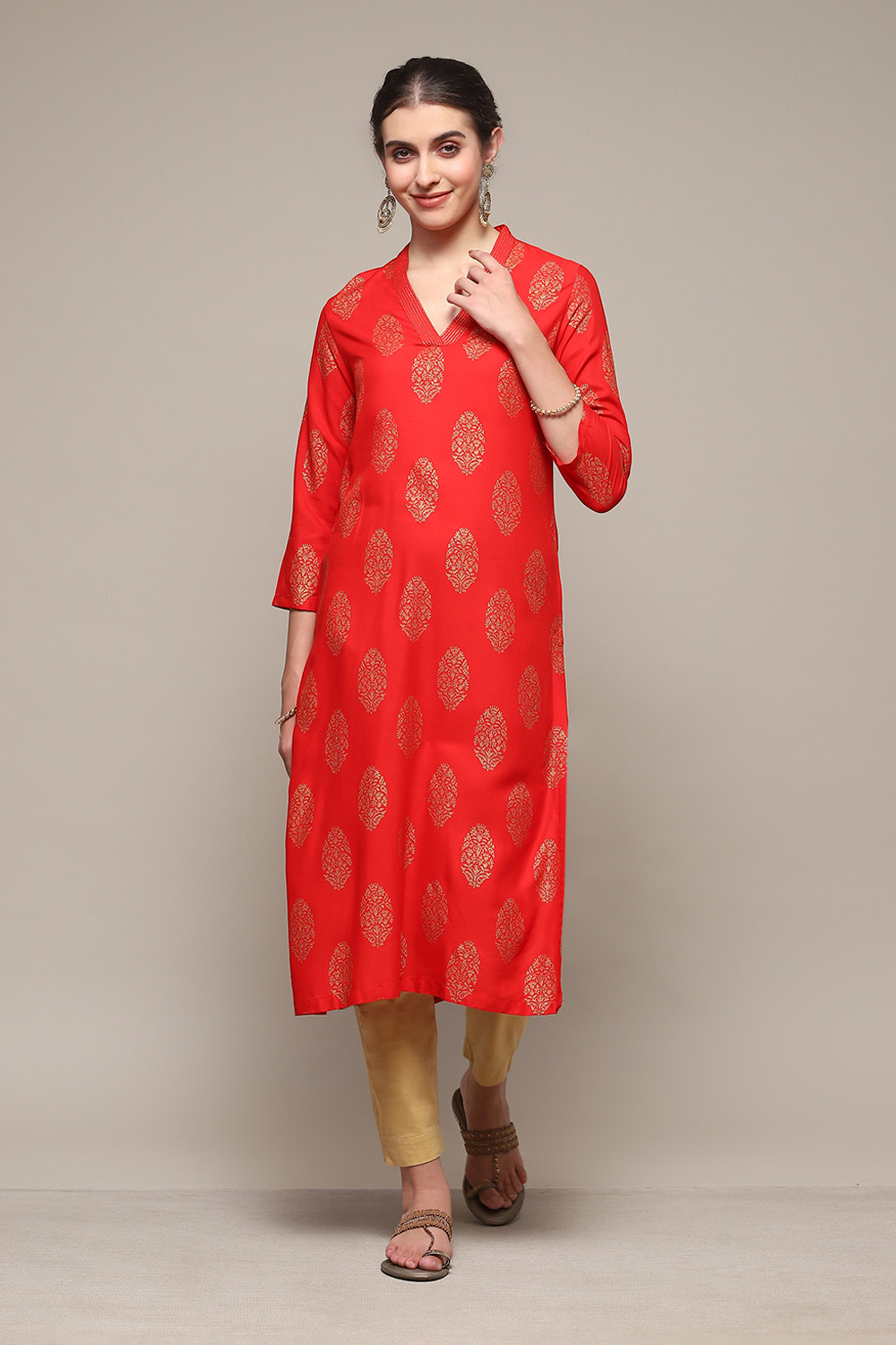 Red LIVA Straight Printed Kurta image number 5