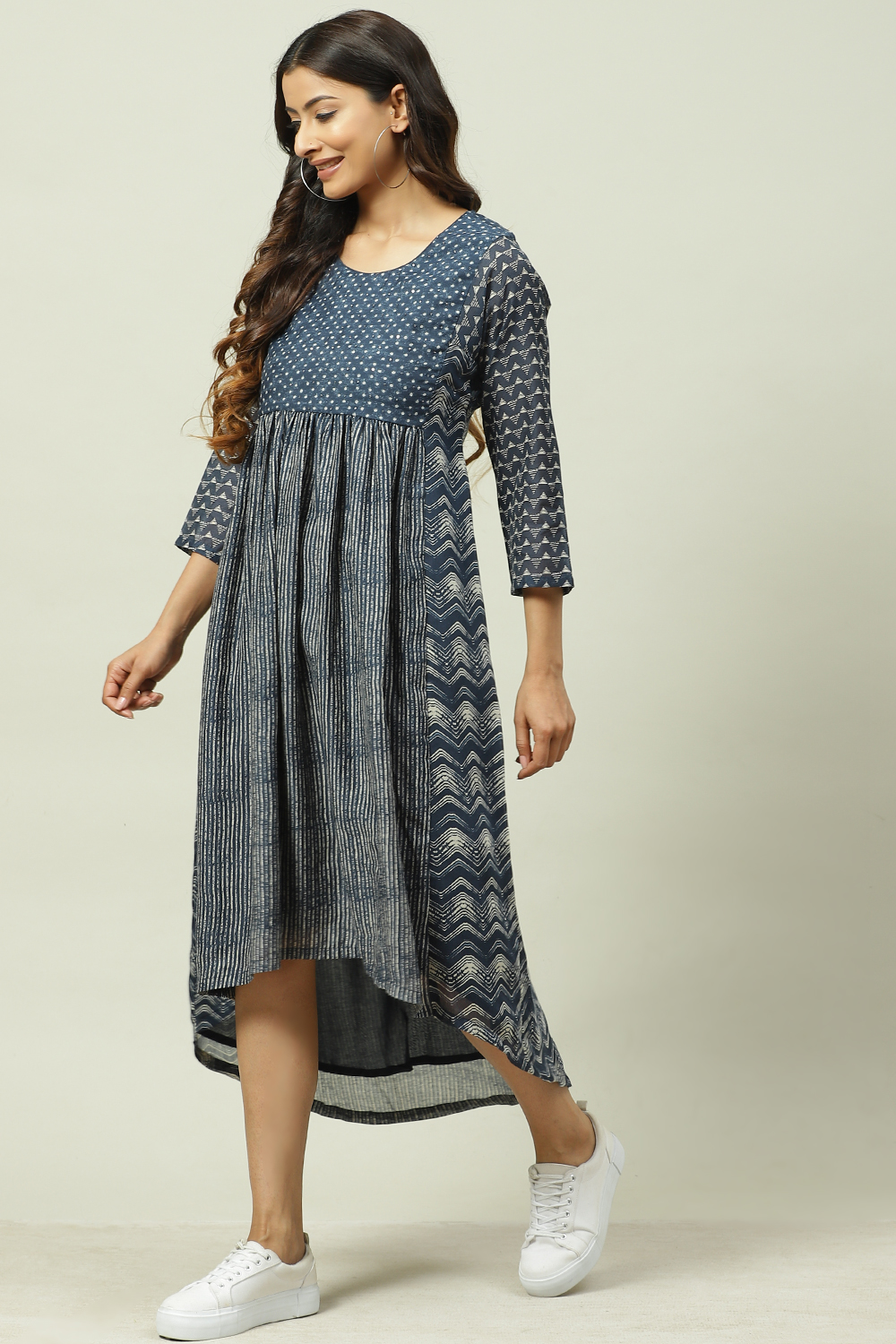 Indigo Art Silk Asymmetric Printed Kurta Dress image number 2