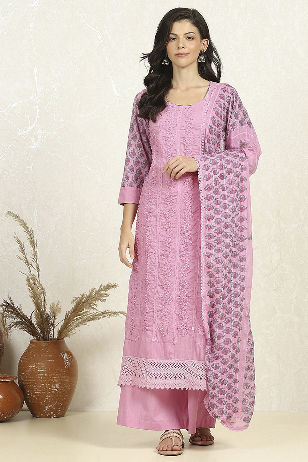Purple Cotton Unstitched Suit Set image number 7
